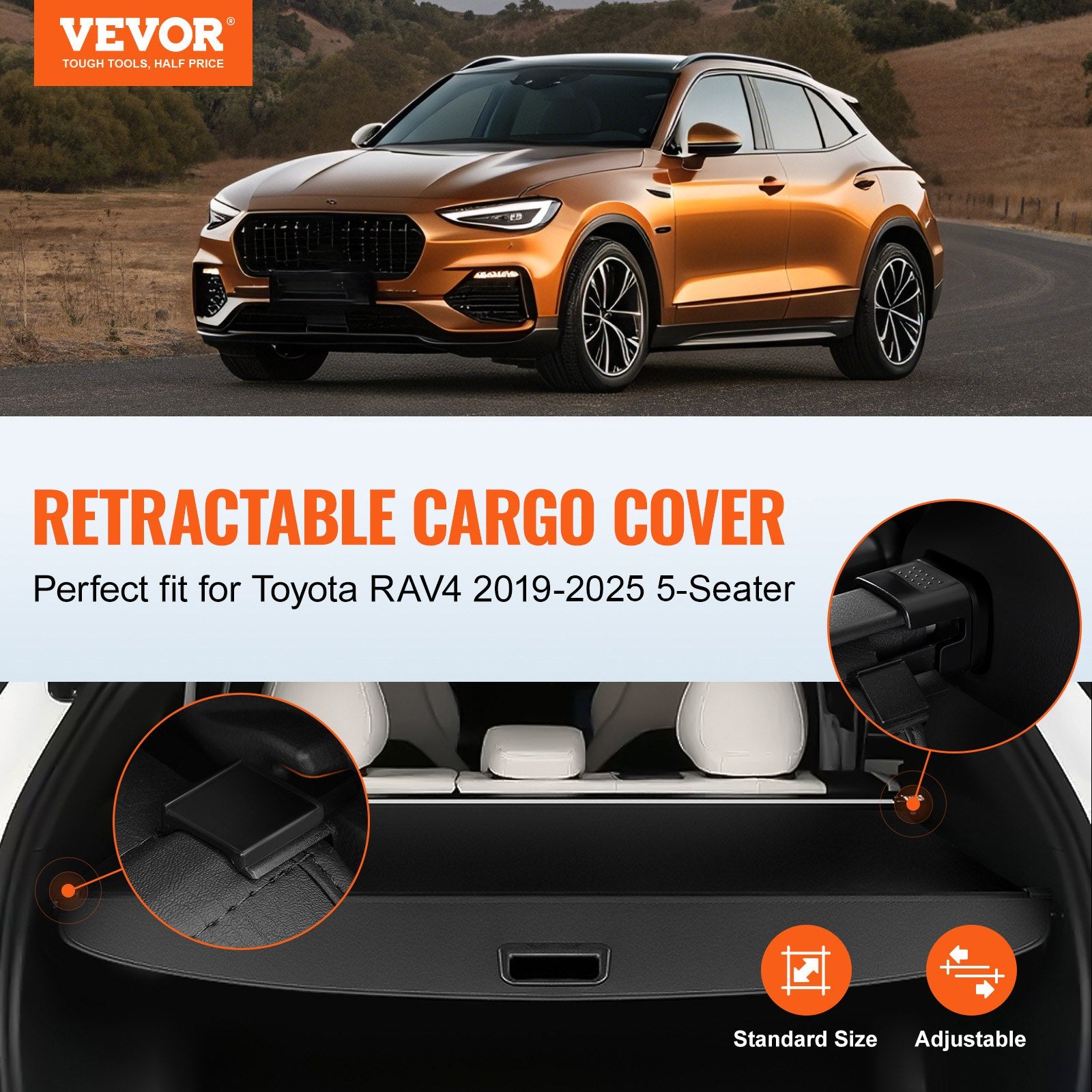 Retractable Cargo Cover for Toyota, Upgraded Waterproof Trunk Cover Security Shield Shade for Toyota RAV4 2019-2025 5-Seater, UV Resistant Rear Trunk Cover, Aluminum Alloy & PVC Leather Texture