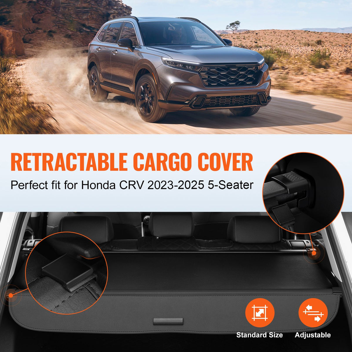 Retractable Cargo Cover for Honda, Upgraded Waterproof Trunk Cover Security Shield Shade for Honda CRV 2023-2025 5-Seater, UV Resistant Rear Trunk Cover with Aluminum Alloy & PVC Leather Texture