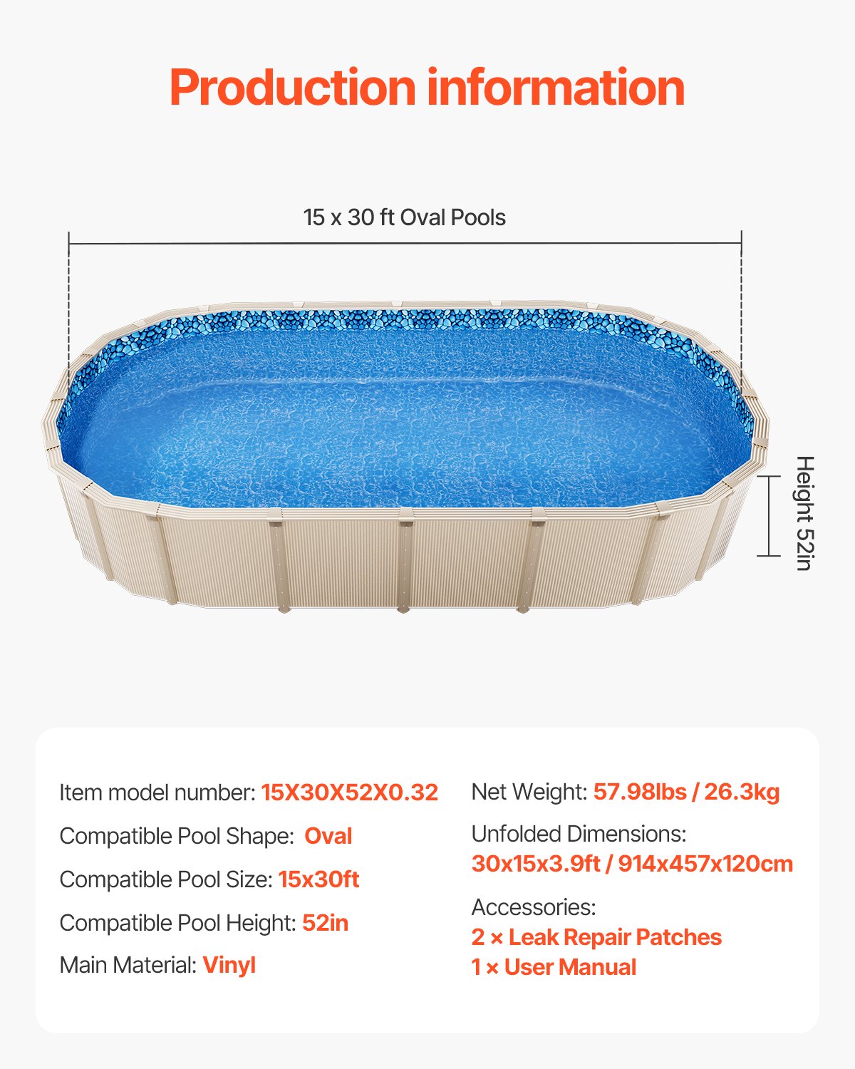 Swimming Pools: VEVOR Oval Pool Liner 15x30ft Unibead Style Pool Liner 52in Wall Height