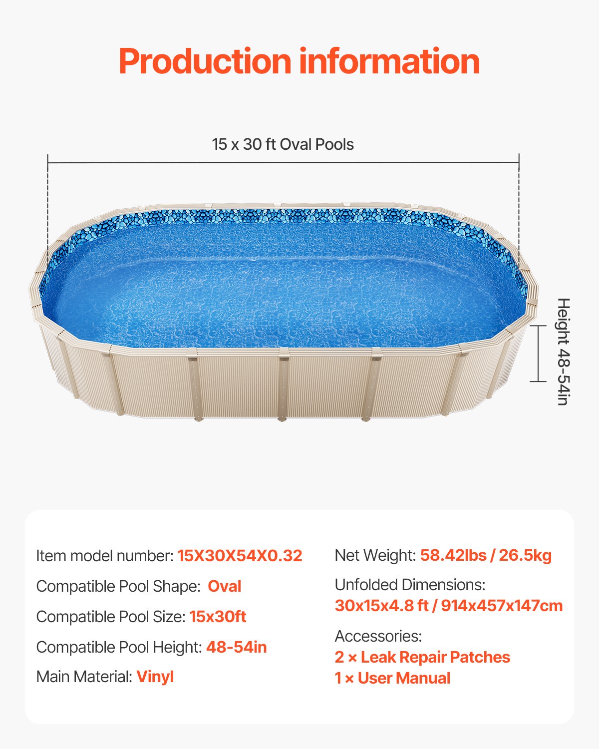 Oval Pool Liner 15x30ft Overlap Style Pool Liner 54in Wall Height