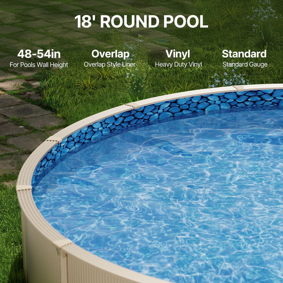 18-ft Round Above Ground Pool Liner, Overlap Pool Liners, Standard Gauge Vinyl, 48-to-54inch Wall Height, Designed for Steel Sided Above-Ground Swimming Pools