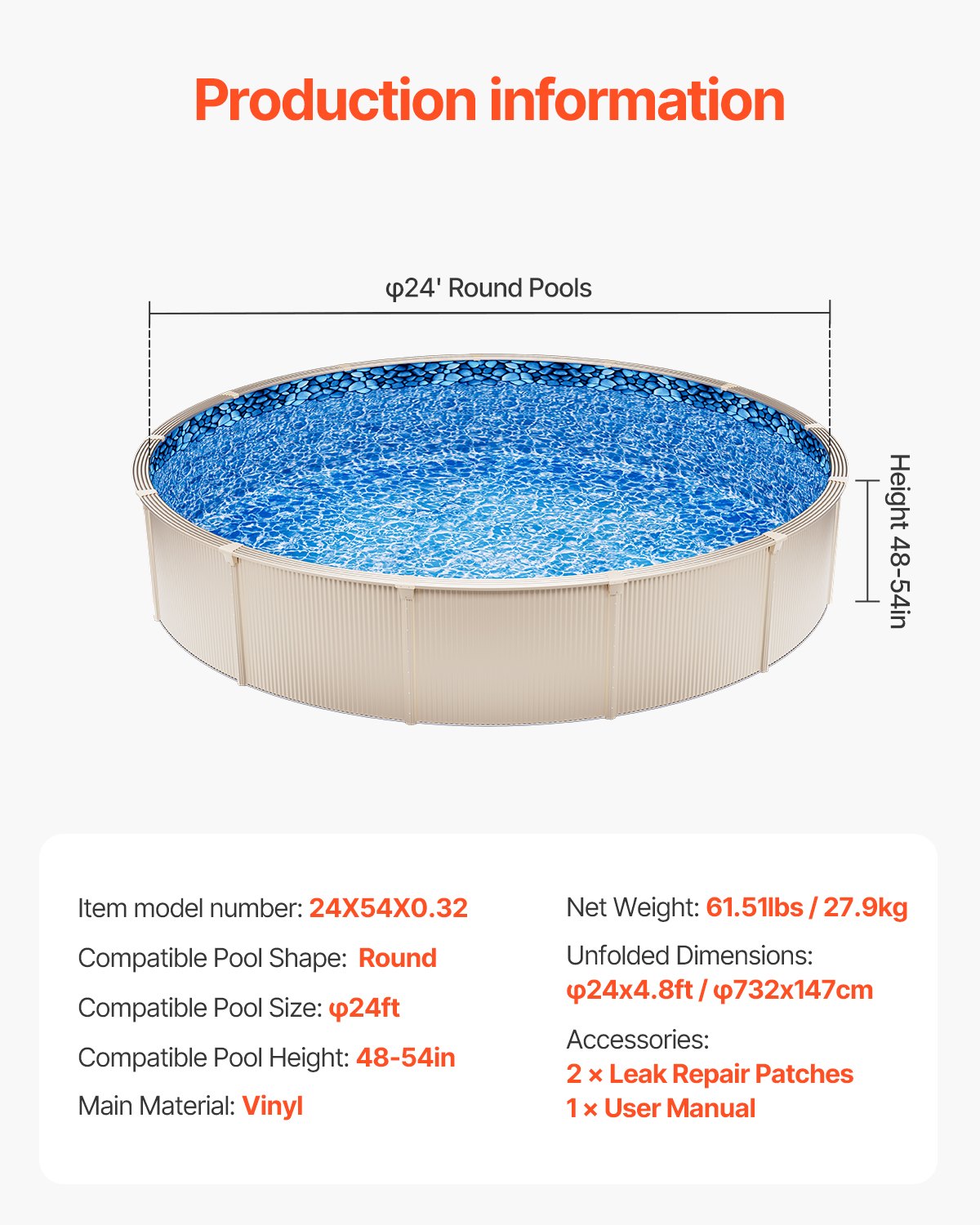 Swimming Pools: VEVOR Round Pool Liner 24ft Overlap Style Pool Liner 54in Wall Height
