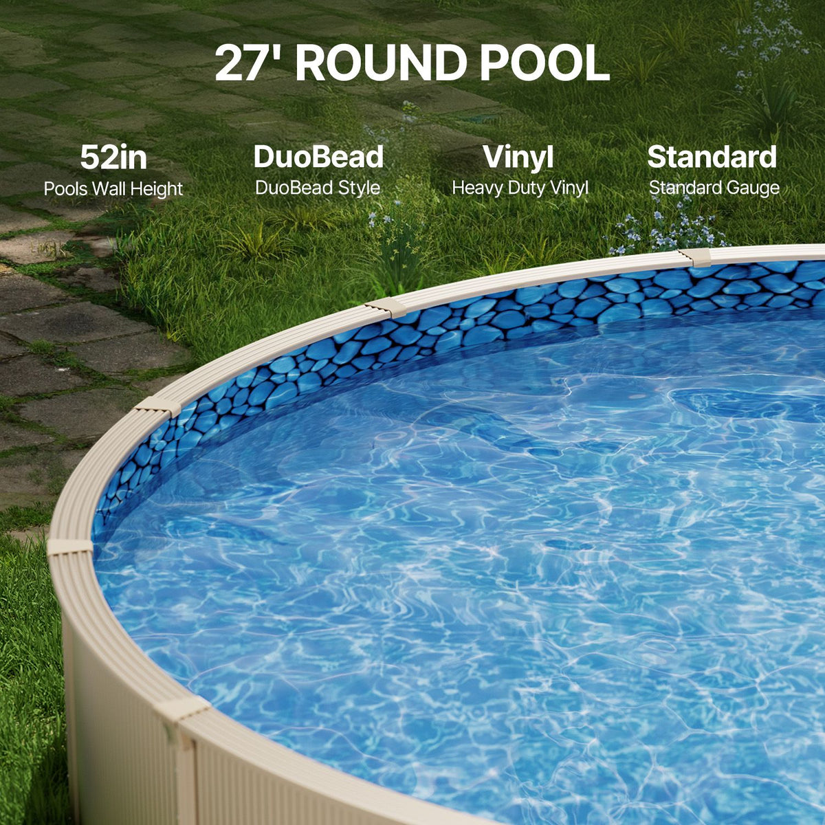 27-ft Round Above Ground Pool Liner, Unibead Pool Liners, Standard Gauge, 52inch Wall Height, Designed for Steel Sided Above-Ground Swimming Pools