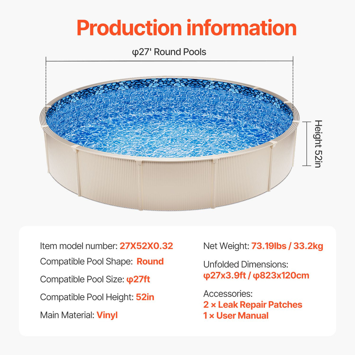 27-ft Round Above Ground Pool Liner, Unibead Pool Liners, Standard Gauge, 52inch Wall Height, Designed for Steel Sided Above-Ground Swimming Pools
