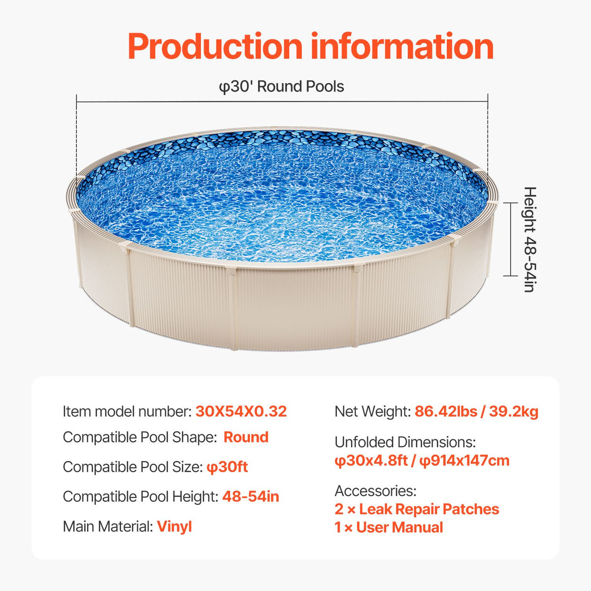 30-ft Round Above Ground Pool Liner, Overlap Pool Liners, Standard Gauge Vinyl, 48-to-54inch Wall Height, Designed for Steel Sided Above-Ground Swimming Pools