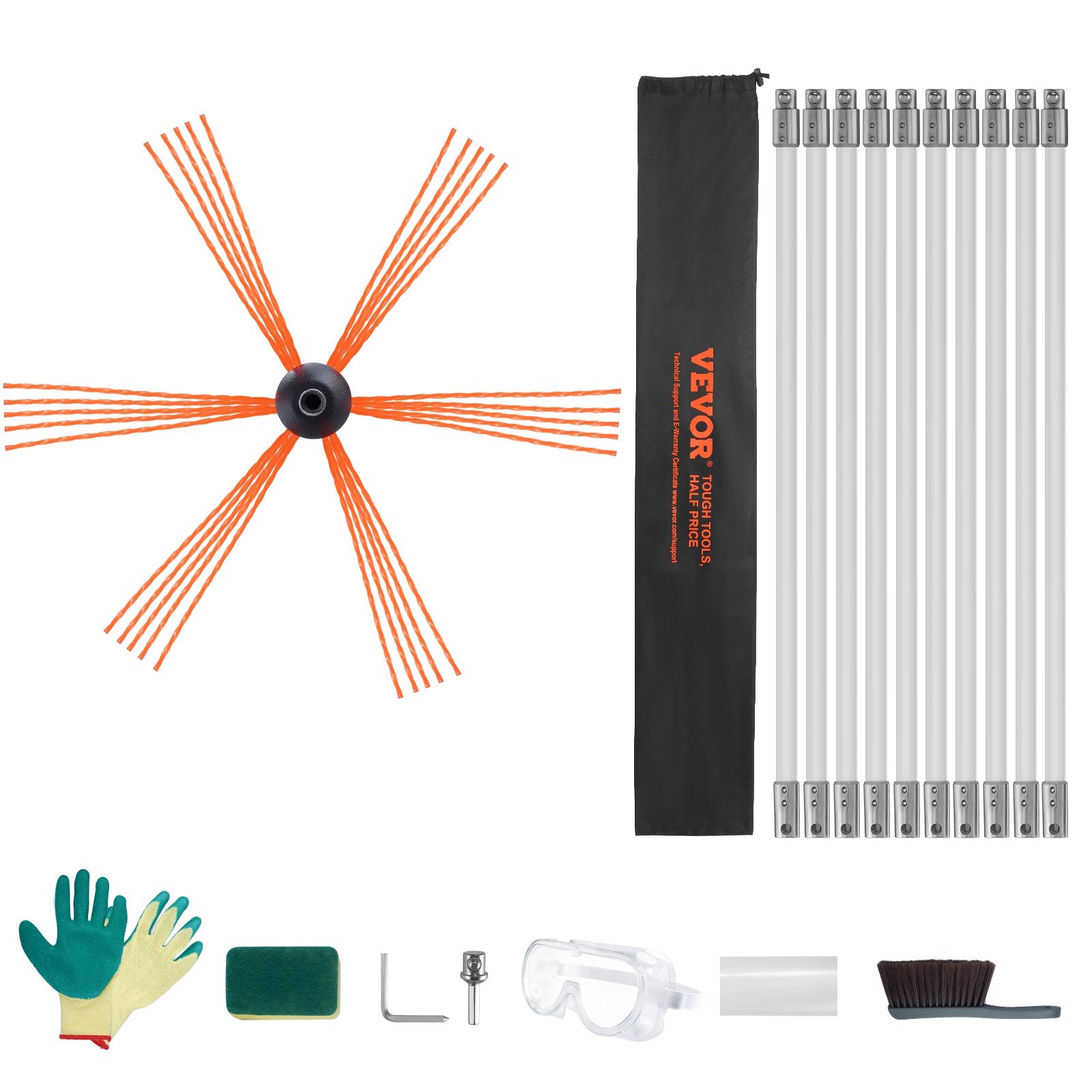 10 m Chimney Sweep Kit, w/ 10 Reinforced Nylon Flexible Rods, Ergonomic Chimney Cleaning Brush, 360-Degree Brush Chimney Cleaner, Rich Accessories for Fireplace Flue Home Use Fits most Pipes