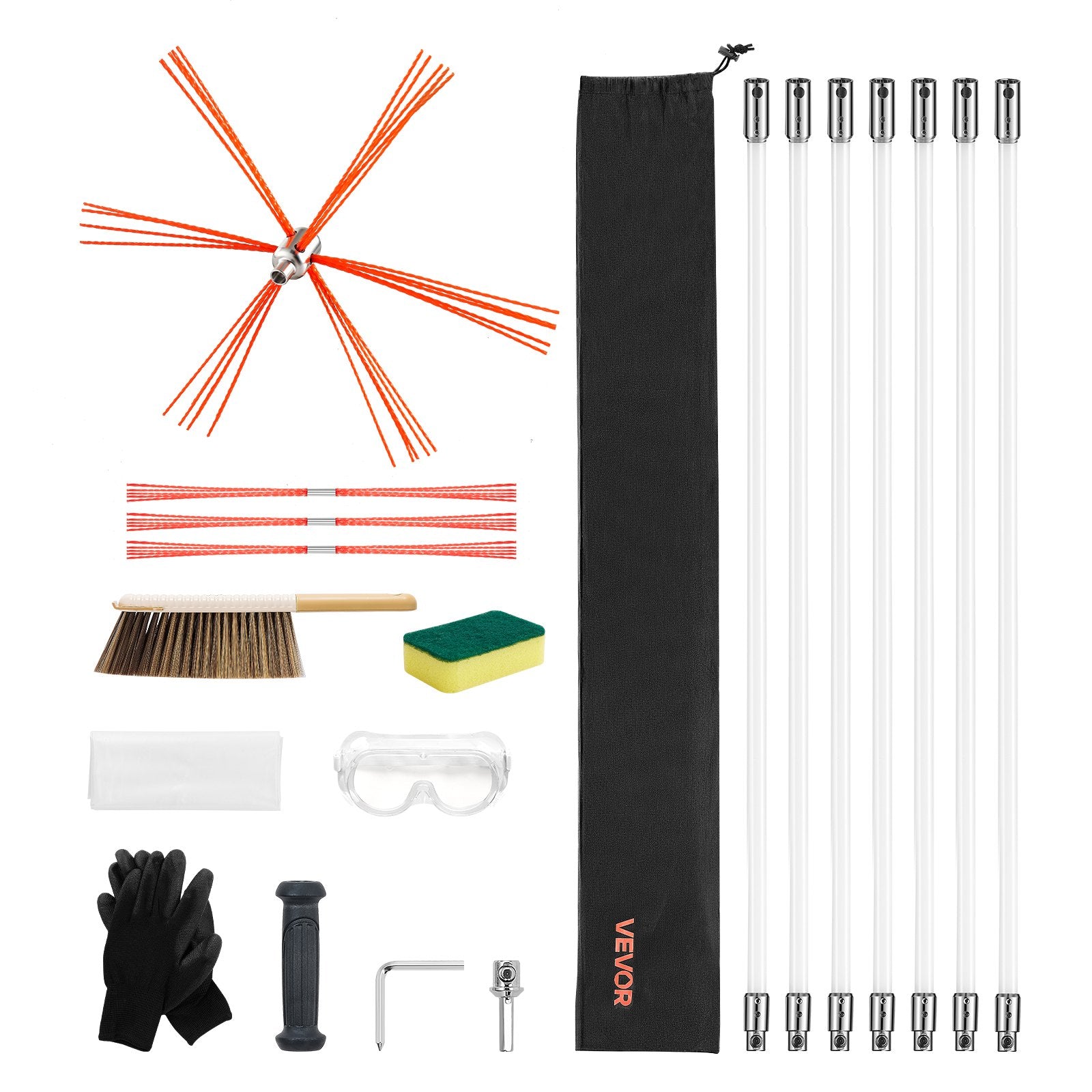 Vitamins & Supplements: VEVOR Chimney Sweep Kit, 7m Maximum Extendable Length Chimney Brush, Chimneys Cleaning Kit with Bristle Replacements & Goggles, 90° Bendable Fireplace Cleaning Tool, for Square, Rectangle Chimneys