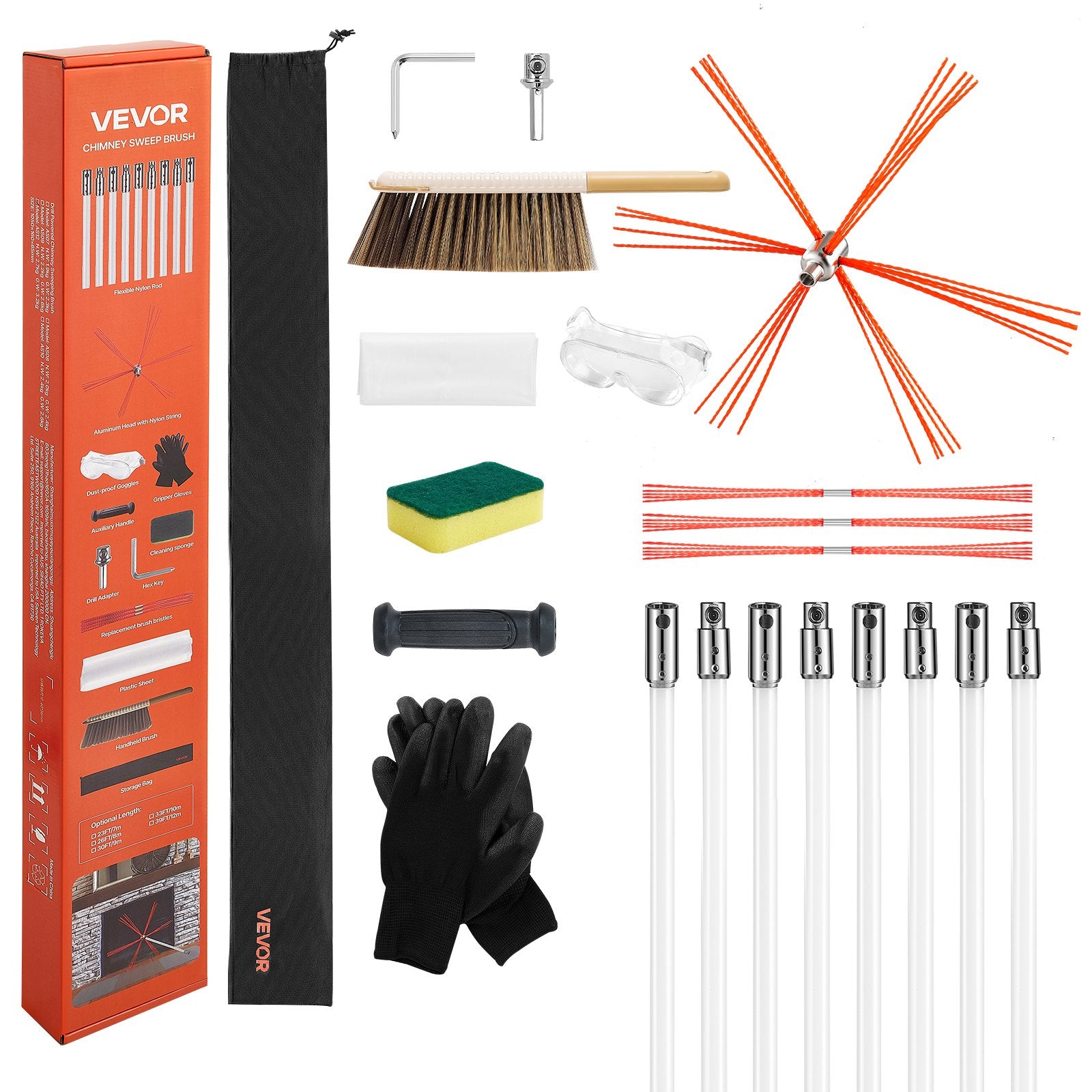 Vitamins & Supplements: VEVOR Chimney Sweep Kit, 8m Maximum Extendable Length Chimney Brush, Chimneys Cleaning Kit with Bristle Replacements & Goggles, 90° Bendable Fireplace Cleaning Tool, for Square, Rectangle Chimneys