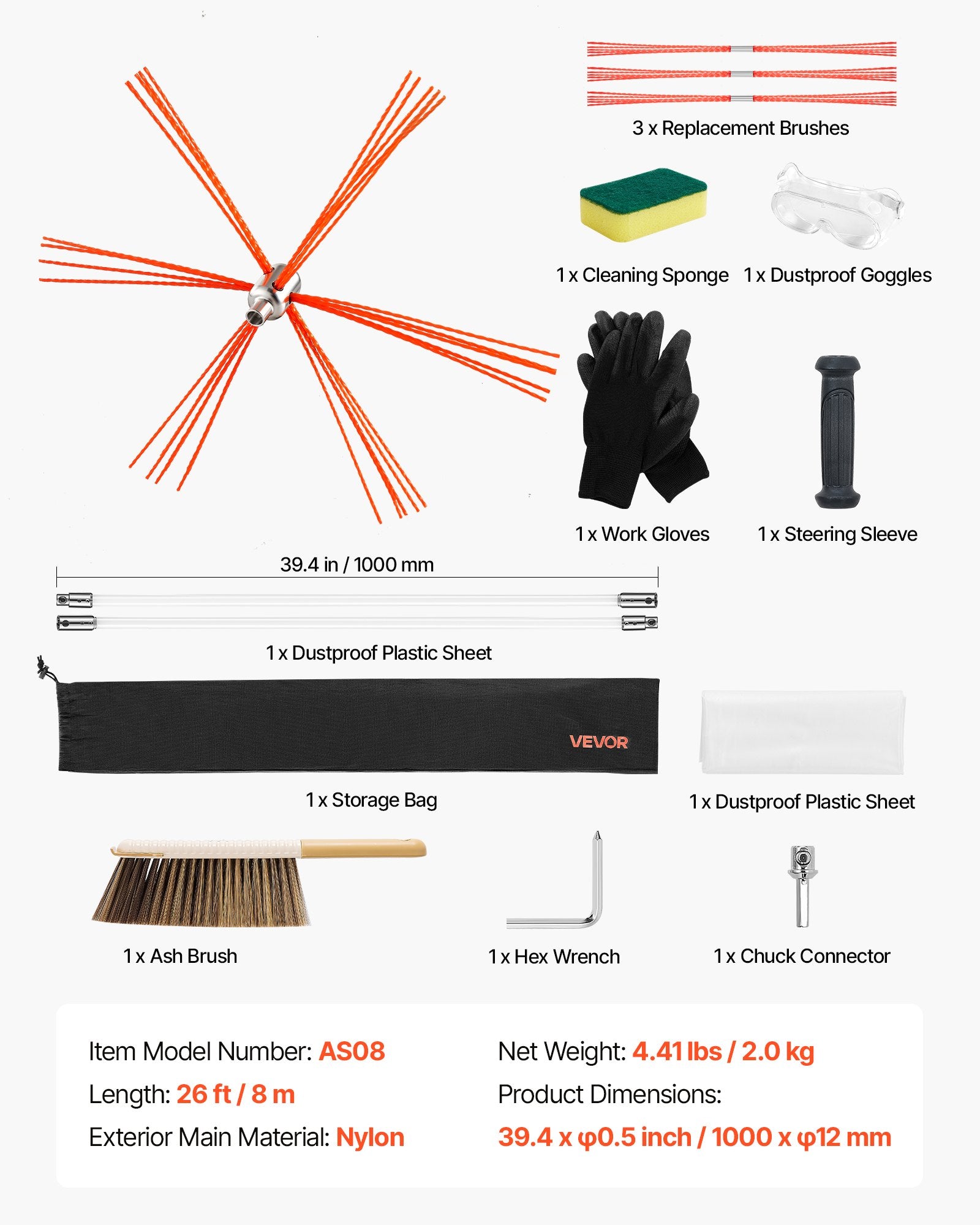 Vitamins & Supplements: VEVOR Chimney Sweep Kit, 8m Maximum Extendable Length Chimney Brush, Chimneys Cleaning Kit with Bristle Replacements & Goggles, 90° Bendable Fireplace Cleaning Tool, for Square, Rectangle Chimneys