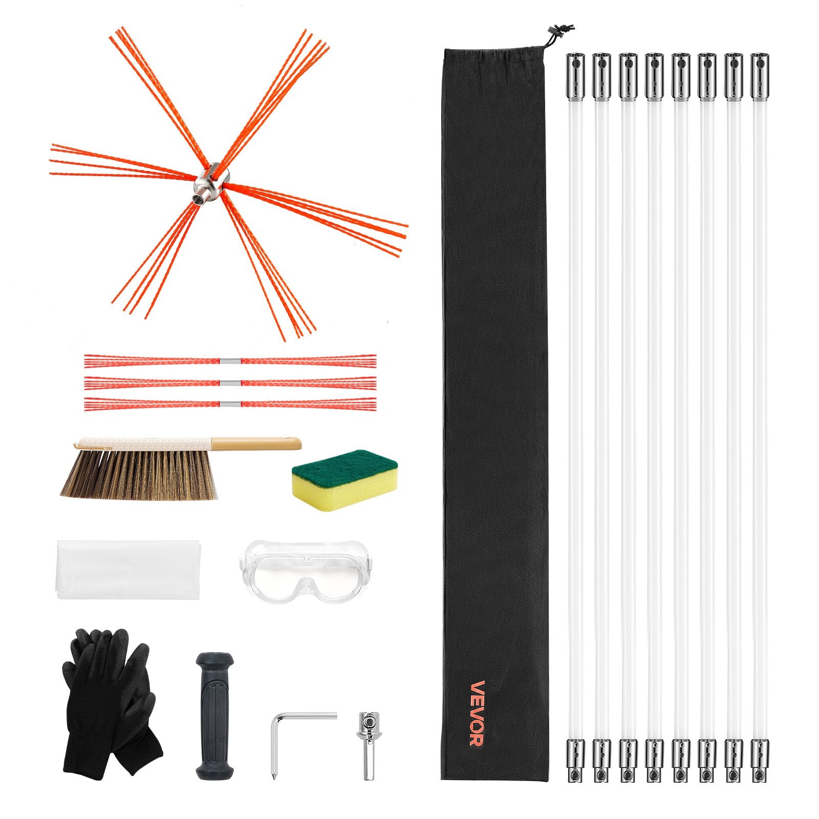 Vitamins & Supplements: VEVOR Chimney Sweep Kit, 8m Maximum Extendable Length Chimney Brush, Chimneys Cleaning Kit with Bristle Replacements & Goggles, 90° Bendable Fireplace Cleaning Tool, for Square, Rectangle Chimneys