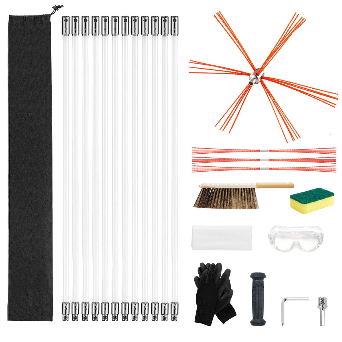 Chimney Sweep Kit, 12m Maximum Extendable Length Chimney Sweep, Chimneys Cleaning Kit with Bristle Replacements & Goggles, 90° Bendable Fireplace Cleaning Tool, for Square, Rectangle Chimneys