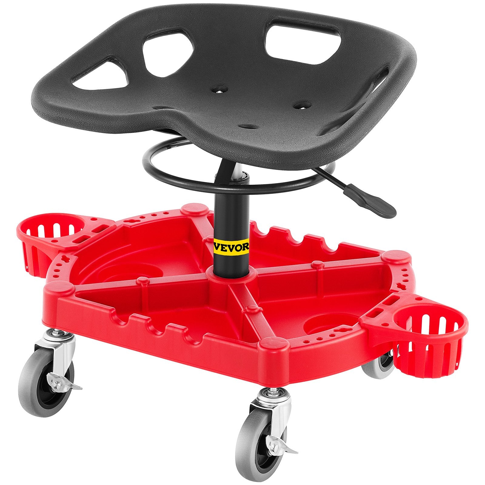 Rolling Garage Stool, 300LBS Capacity, Adjustable Height from 18 in to 23 in, 360-degree Swivel Wheels (4""), Large Tool Tray with Two Bottle Holder, for Workshop, Auto Repair Shop, Red