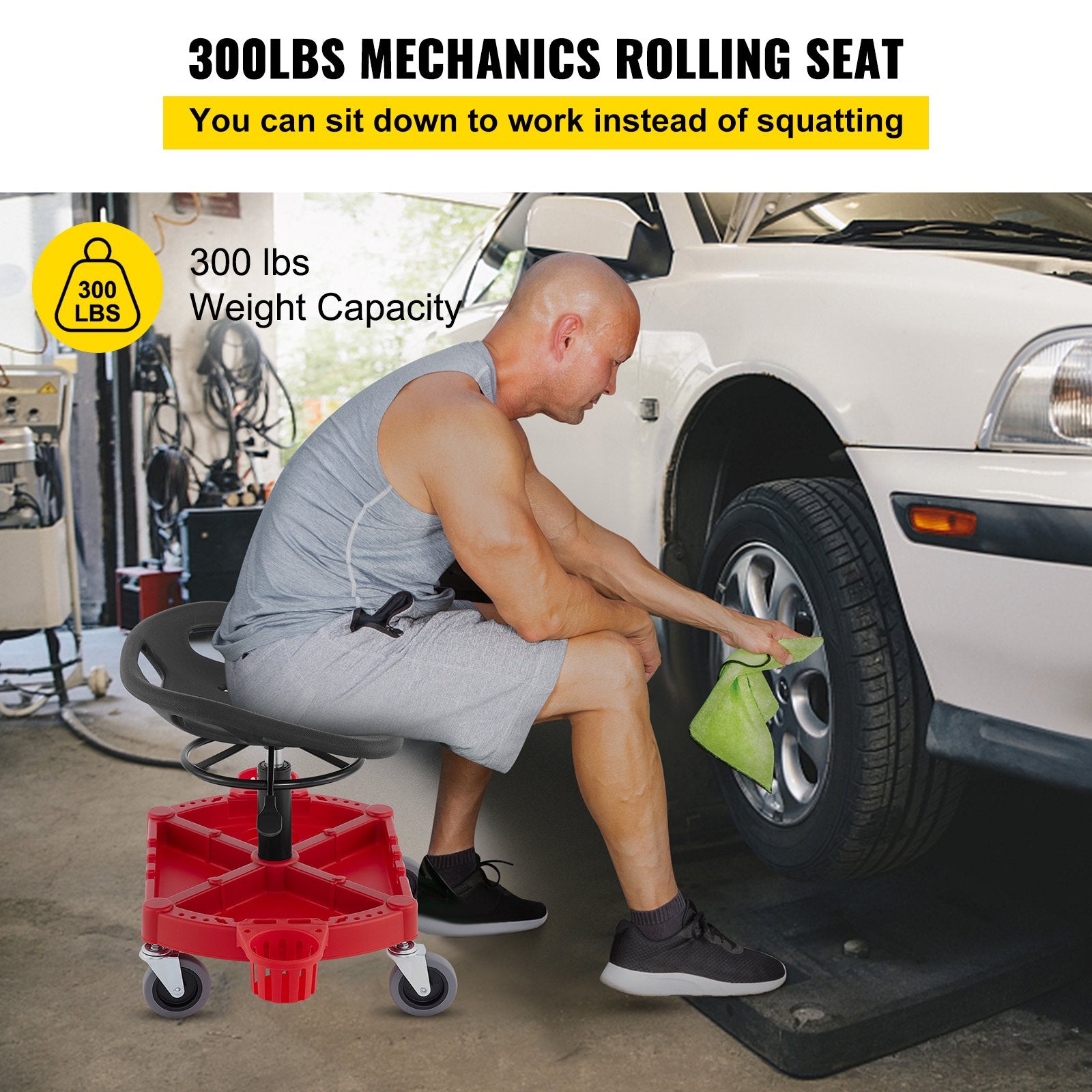 Rolling Garage Stool, 300LBS Capacity, Adjustable Height from 18 in to 23 in, 360-degree Swivel Wheels (4""), Large Tool Tray with Two Bottle Holder, for Workshop, Auto Repair Shop, Red