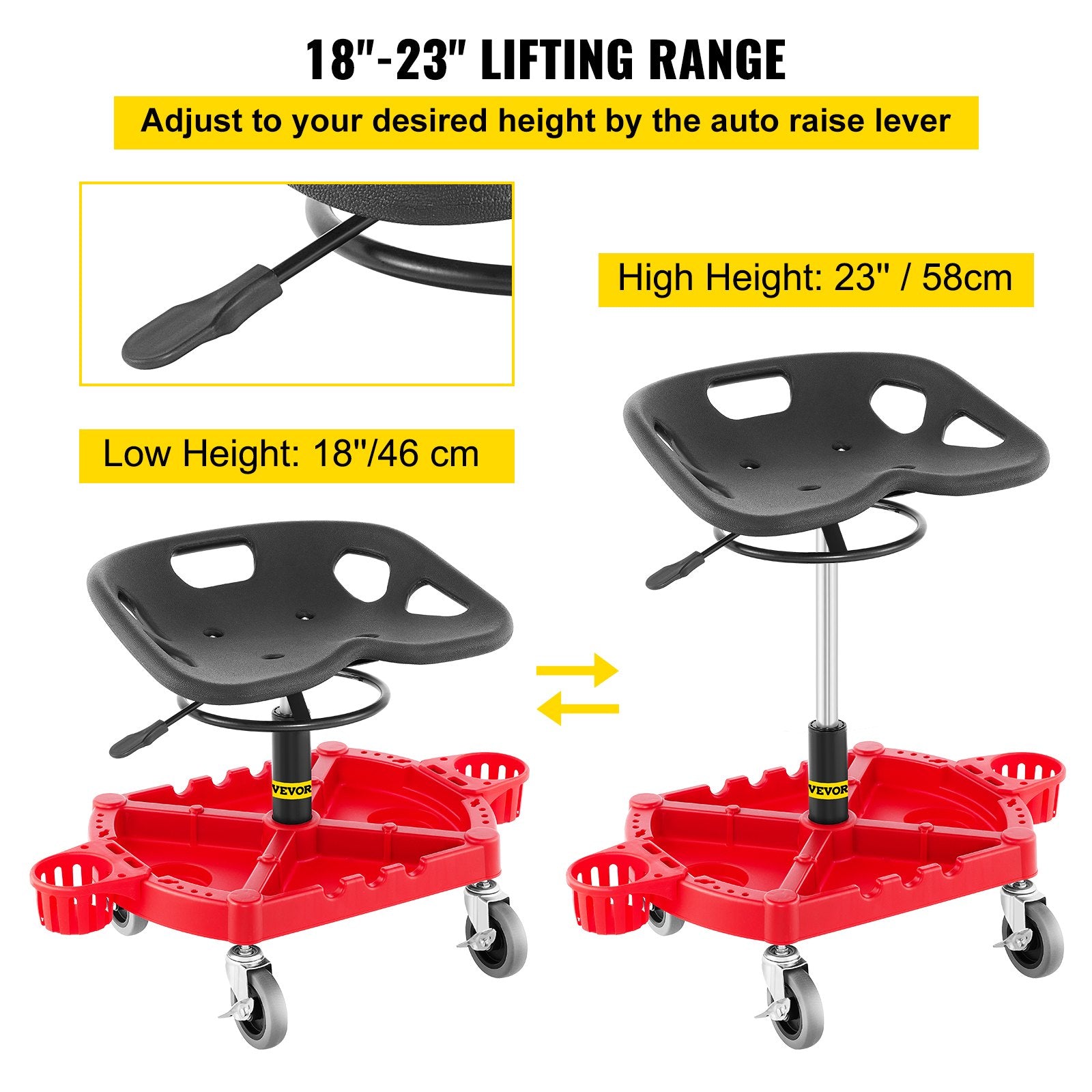 Rolling Garage Stool, 300LBS Capacity, Adjustable Height from 18 in to 23 in, 360-degree Swivel Wheels (4""), Large Tool Tray with Two Bottle Holder, for Workshop, Auto Repair Shop, Red