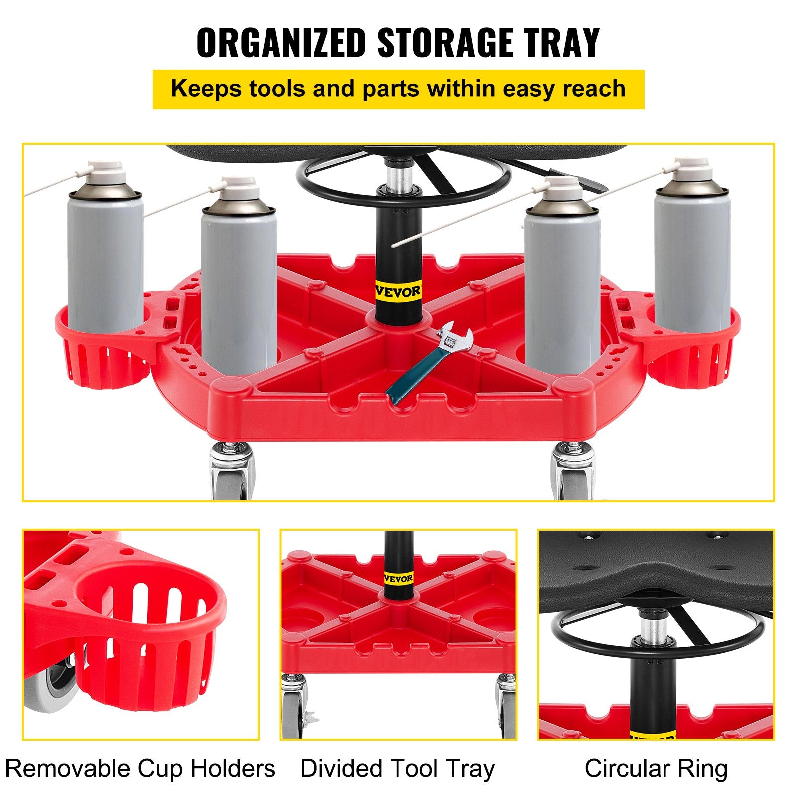 Rolling Garage Stool, 300LBS Capacity, Adjustable Height from 18 in to 23 in, 360-degree Swivel Wheels (4""), Large Tool Tray with Two Bottle Holder, for Workshop, Auto Repair Shop, Red