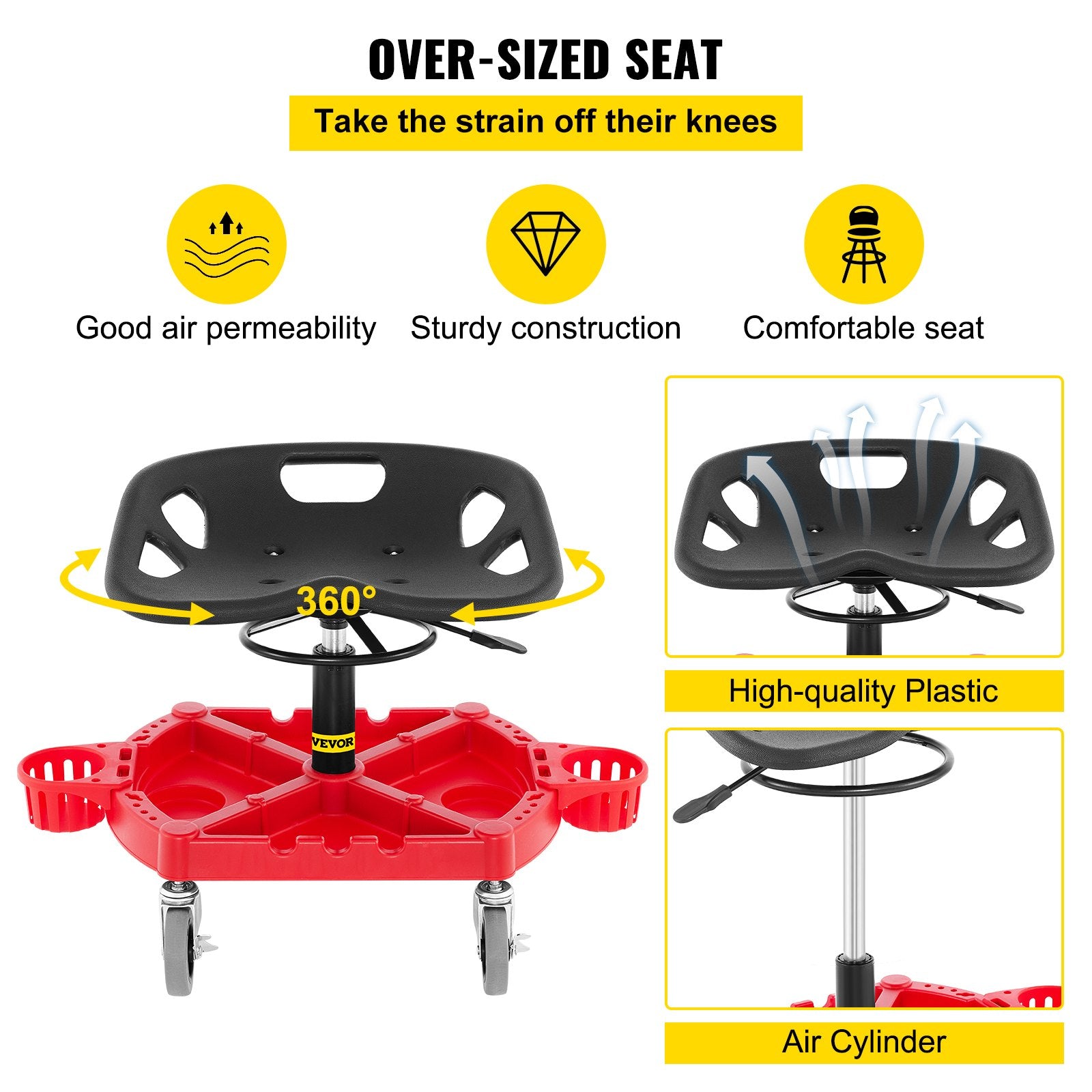 Rolling Garage Stool, 300LBS Capacity, Adjustable Height from 18 in to 23 in, 360-degree Swivel Wheels (4""), Large Tool Tray with Two Bottle Holder, for Workshop, Auto Repair Shop, Red