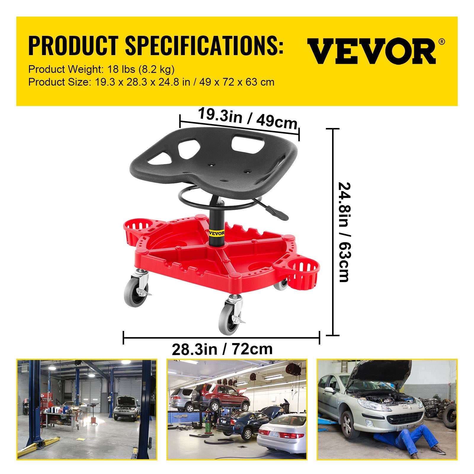 Rolling Garage Stool, 300LBS Capacity, Adjustable Height from 18 in to 23 in, 360-degree Swivel Wheels (4""), Large Tool Tray with Two Bottle Holder, for Workshop, Auto Repair Shop, Red