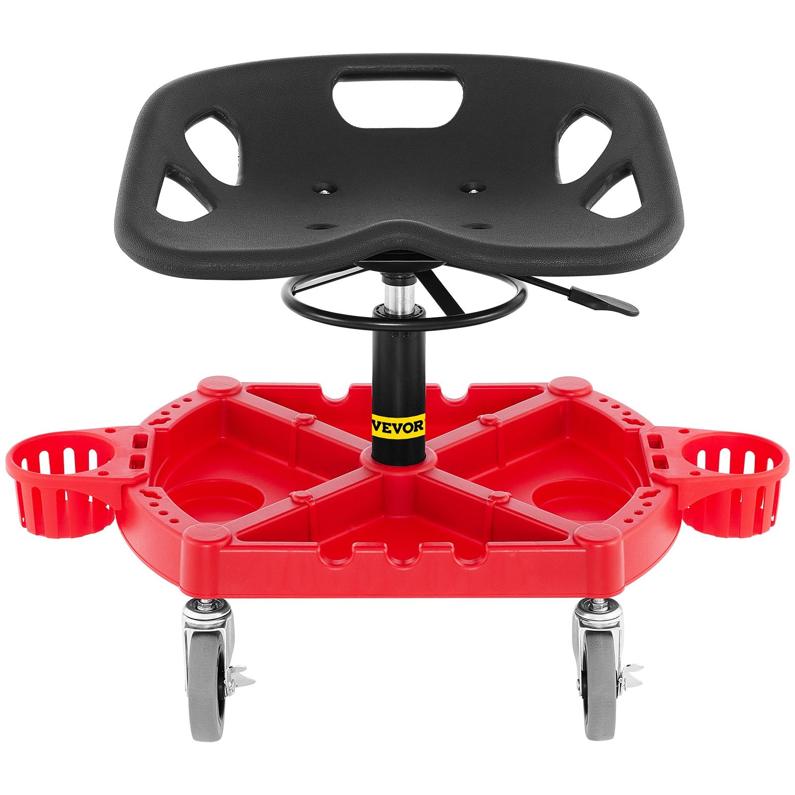 Rolling Garage Stool, 300LBS Capacity, Adjustable Height from 18 in to 23 in, 360-degree Swivel Wheels (4""), Large Tool Tray with Two Bottle Holder, for Workshop, Auto Repair Shop, Red