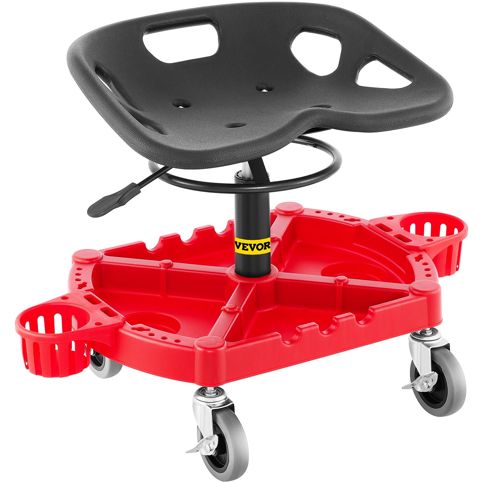 Rolling Garage Stool, 300LBS Capacity, Adjustable Height from 18 in to 23 in, 360-degree Swivel Wheels (4""), Large Tool Tray with Two Bottle Holder, for Workshop, Auto Repair Shop, Red
