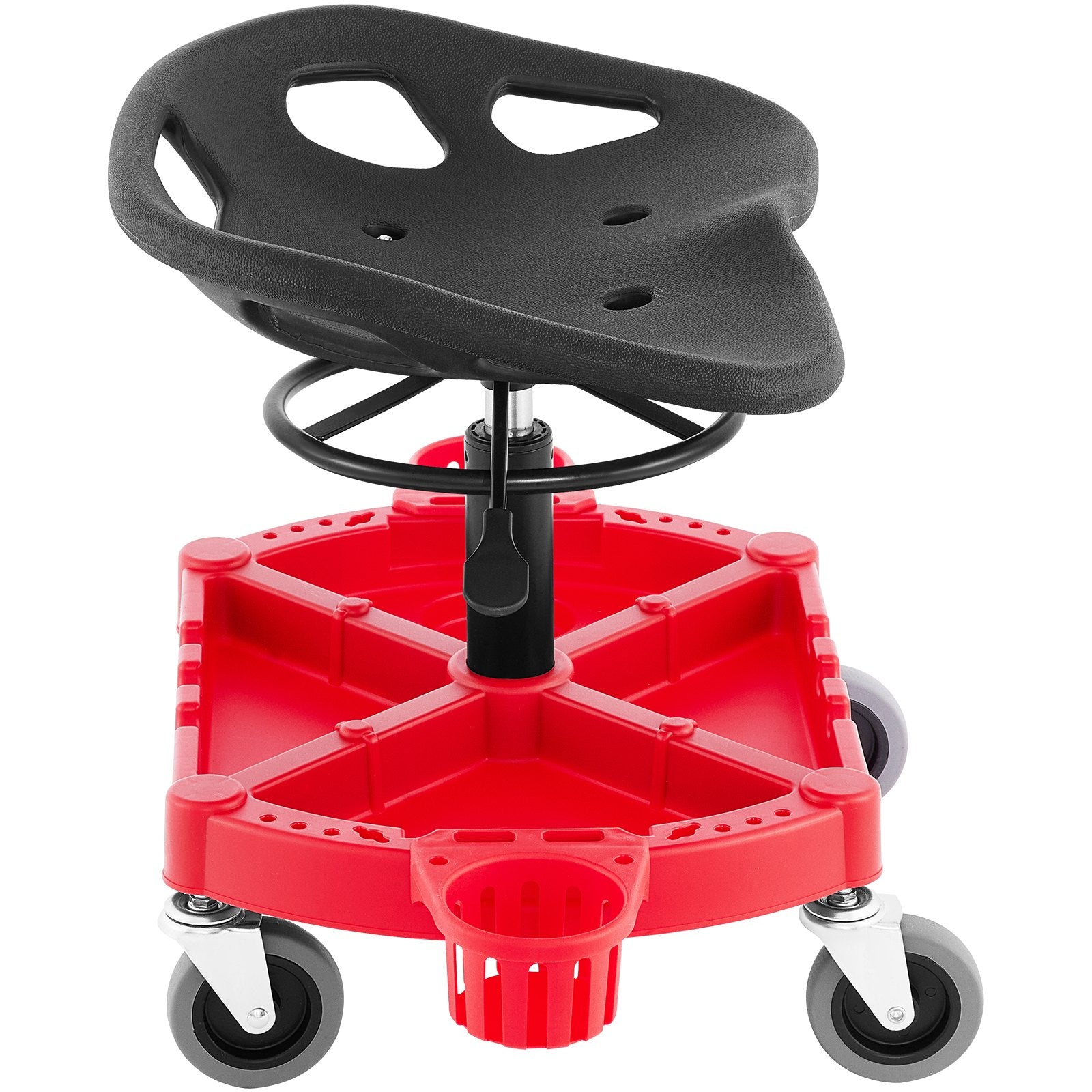 Rolling Garage Stool, 300LBS Capacity, Adjustable Height from 18 in to 23 in, 360-degree Swivel Wheels (4""), Large Tool Tray with Two Bottle Holder, for Workshop, Auto Repair Shop, Red