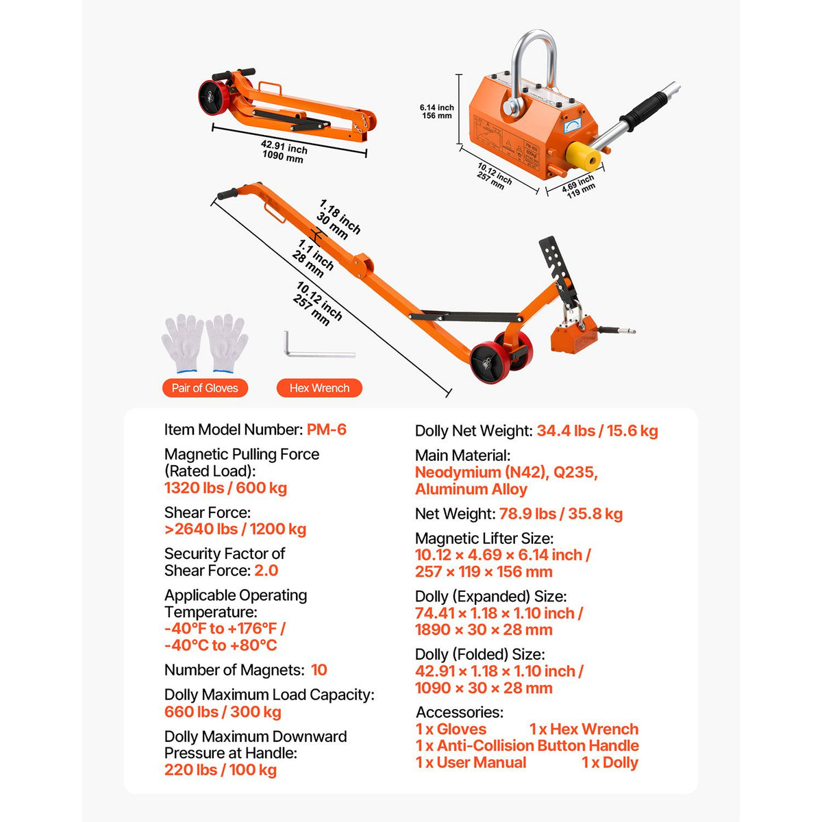 Magnetic Lid Lifter Dolly, 600 kg Pulling Capacity, Steel Dolly with Heavy Duty Magnet Lift and 2 Wheels, Adjustable Handle, N42 Neodymium, Foldable and Portable, for Lifting Manhole Covers