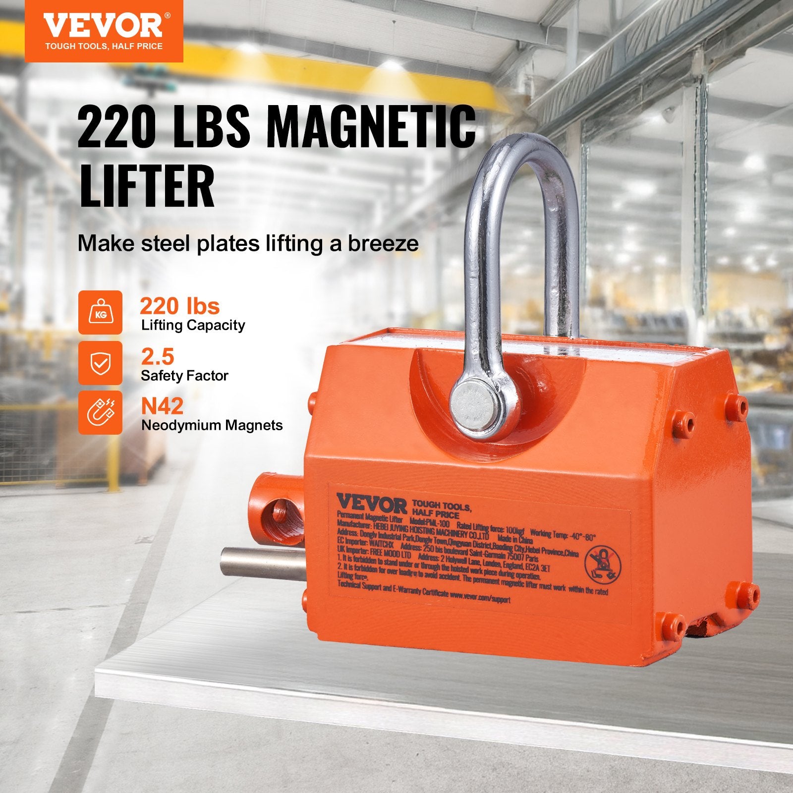 Commercial Cleaning Equipment: VEVOR Magnetic Lifter, 100 kg/220 lbs Pulling Capacity, 2.5 Safety Factor, Neodymium & Steel, Lifting Magnet with Release, Permanent Lift Magnets, Heavy Duty Magnet for Hoist, Shop Crane, Block, Board