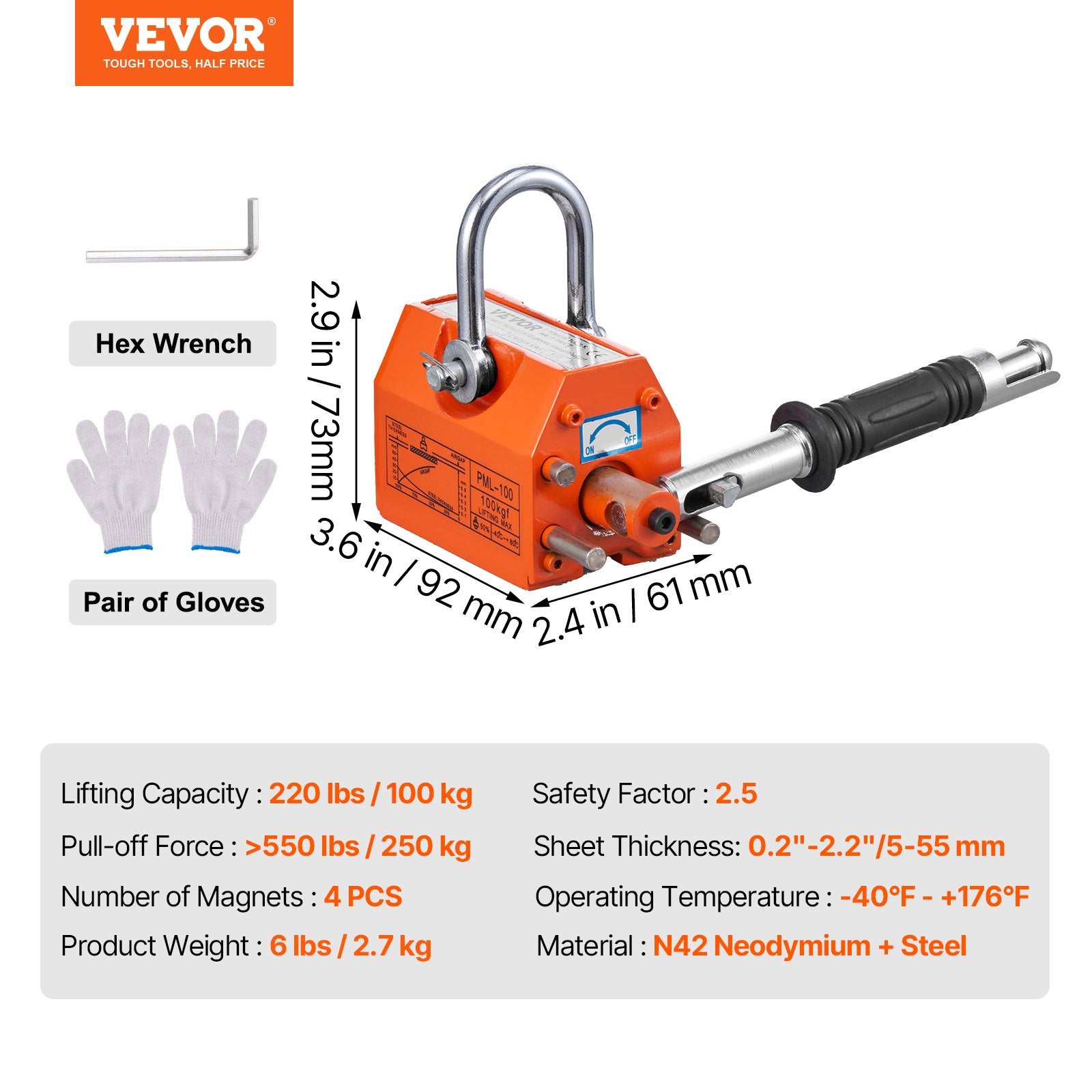 Commercial Cleaning Equipment: VEVOR Magnetic Lifter, 100 kg/220 lbs Pulling Capacity, 2.5 Safety Factor, Neodymium & Steel, Lifting Magnet with Release, Permanent Lift Magnets, Heavy Duty Magnet for Hoist, Shop Crane, Block, Board