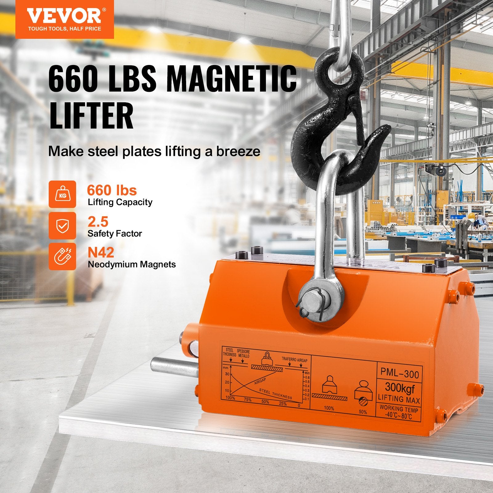 Magnetic Lifter, 300 kg Pulling Capacity, 2.5 Safety Factor, Neodymium & Steel, Lifting Magnet with Release, Permanent Lift Magnets, Heavy Duty Magnet for Hoist, Shop Crane, Block, Board