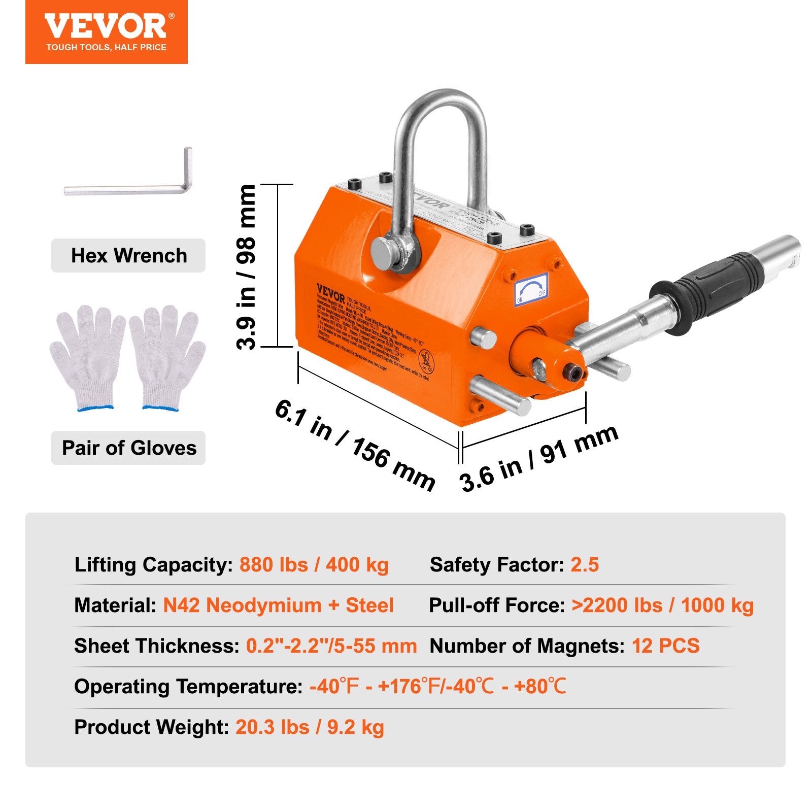 Magnetic Lifter, 400 kg/880 lbs Pulling Capacity, 2.5 Safety Factor, Neodymium & Steel, Lifting Magnet with Release, Permanent Lift Magnets, Heavy Duty Magnet for Hoist, Shop Crane, Block, Board