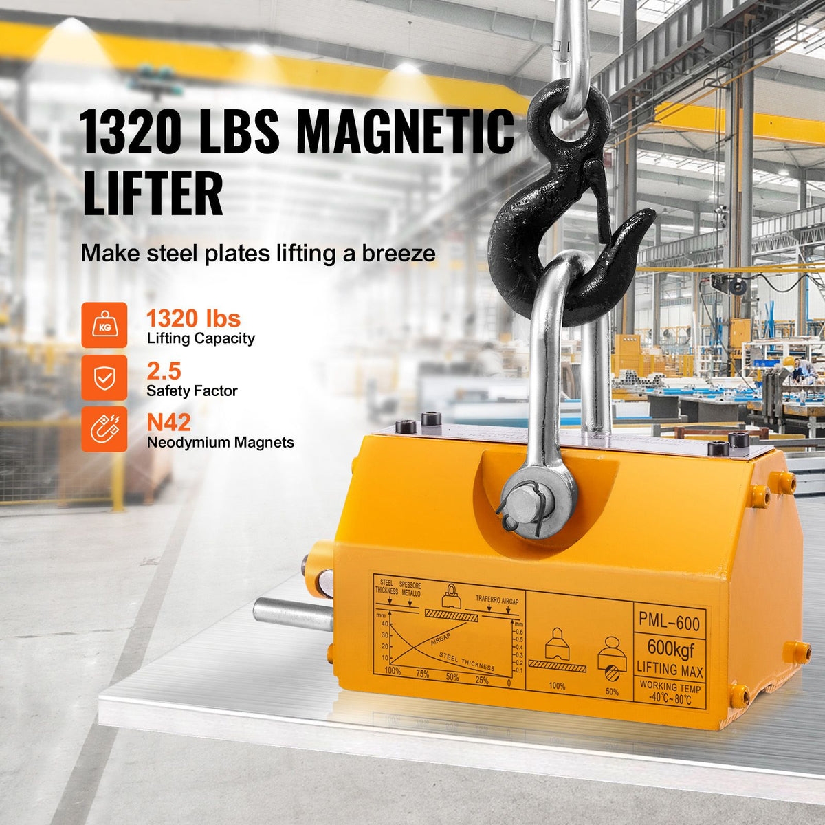 Magnetic Lifter, 600 kg Pulling Capacity, 2.5 Safety Factor, Neodymium & Steel, Lifting Magnet with Release, Permanent Lift Magnets, Heavy Duty Magnet for Hoist, Shop Crane, Block, Board