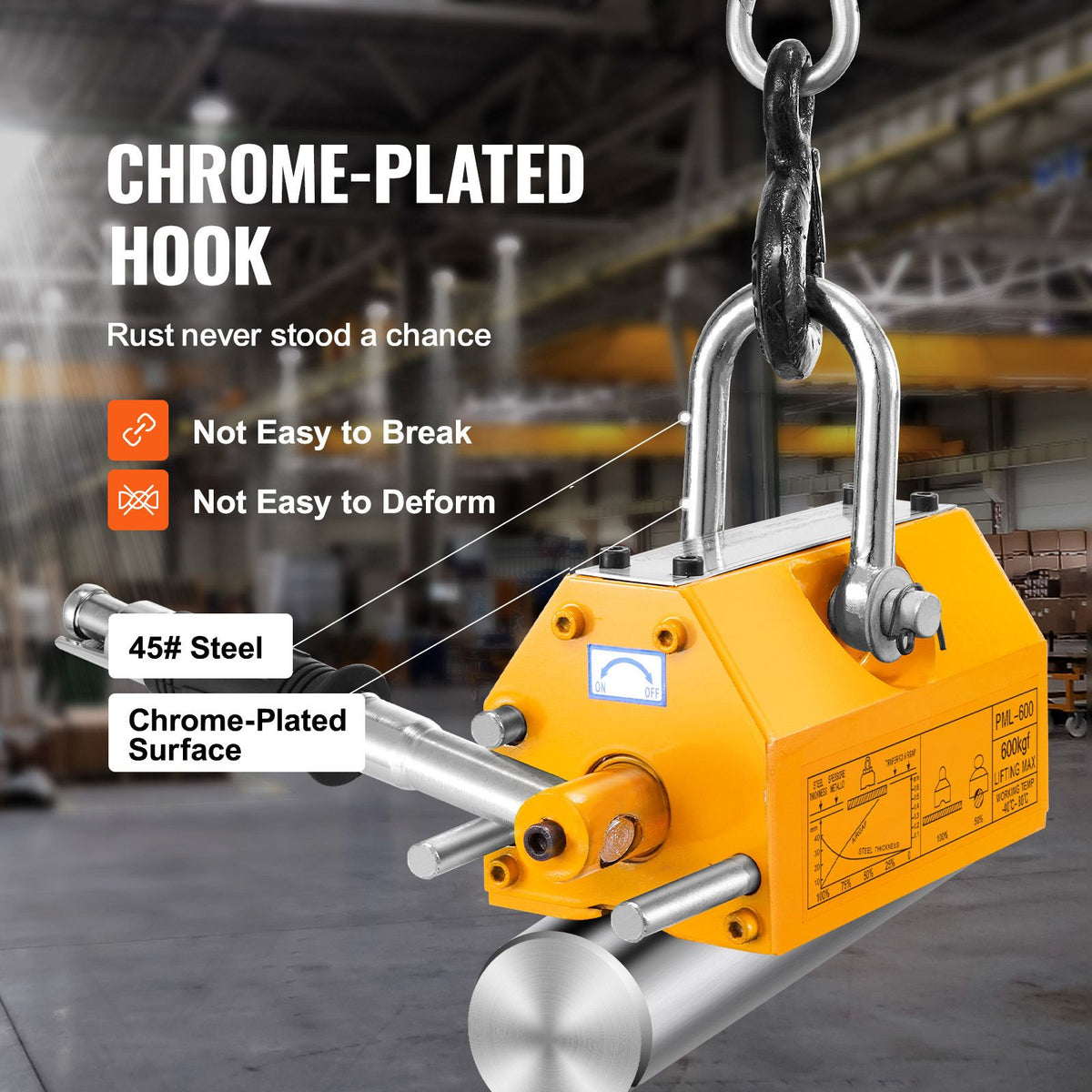 Magnetic Lifter, 600 kg Pulling Capacity, 2.5 Safety Factor, Neodymium & Steel, Lifting Magnet with Release, Permanent Lift Magnets, Heavy Duty Magnet for Hoist, Shop Crane, Block, Board