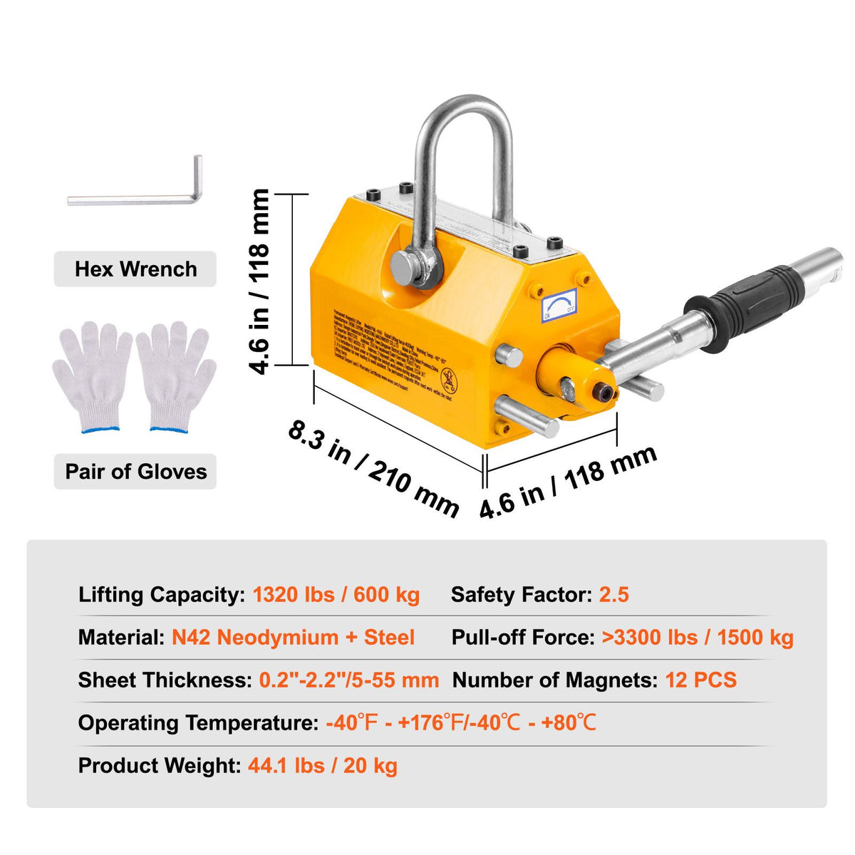 Magnetic Lifter, 600 kg Pulling Capacity, 2.5 Safety Factor, Neodymium & Steel, Lifting Magnet with Release, Permanent Lift Magnets, Heavy Duty Magnet for Hoist, Shop Crane, Block, Board