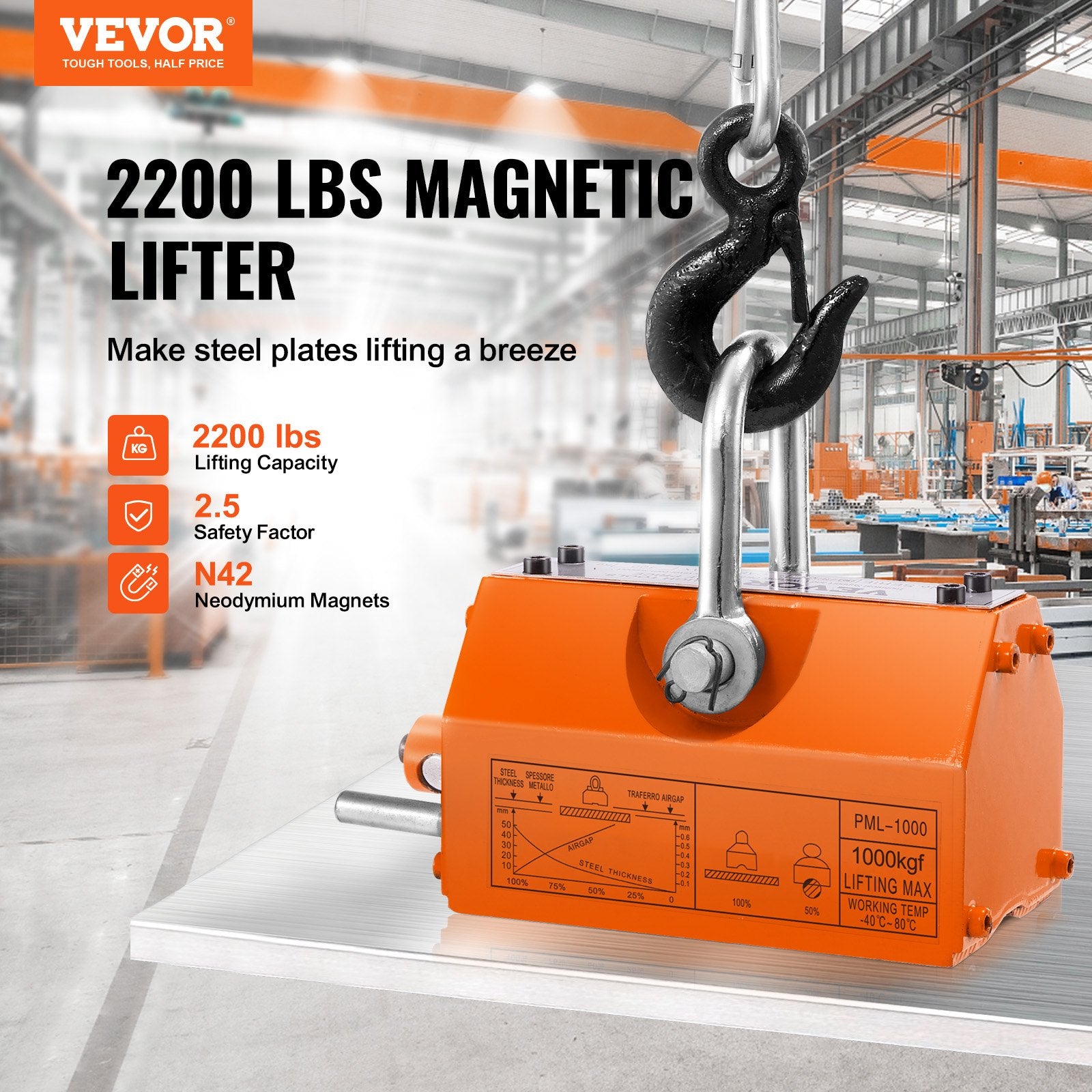 Building Toys: VEVOR Magnetic Lifter, 1000kg Pulling Capacity, 2.5 Safety Factor, Neodymium & Steel, Lifting Magnet with Release, Permanent Lift Magnets, Heavy Duty Magnet for Hoist, Shop Crane, Block, Board