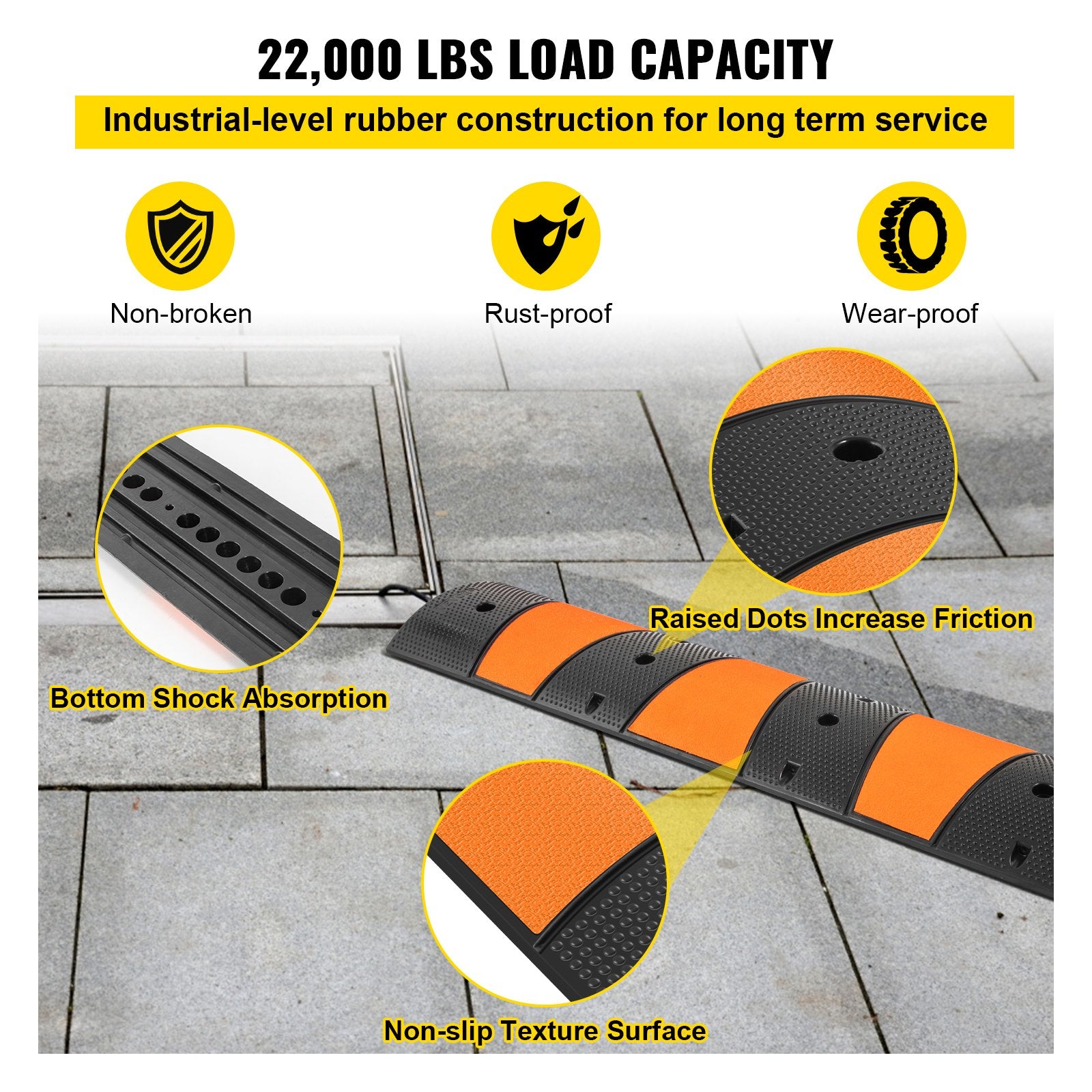 Rubber Speed Bump, 1 Pack 2 Channel Speed Bump Hump, 72"" Long Modular Speed Bump Rated 22000 LBS Loading, 72.8 x 12.2 x 2.2 Garage Speed Bump for Asphalt Concrete Gravel Driveway with 2 End Cap