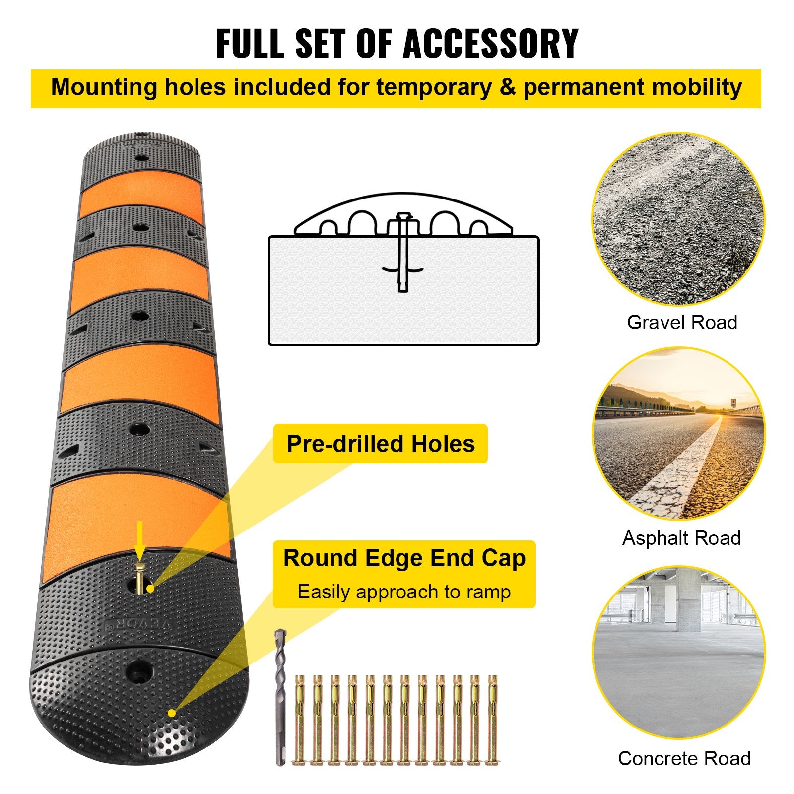 Rubber Speed Bump, 1 Pack 2 Channel Speed Bump Hump, 72"" Long Modular Speed Bump Rated 22000 LBS Loading, 72.8 x 12.2 x 2.2 Garage Speed Bump for Asphalt Concrete Gravel Driveway with 2 End Cap