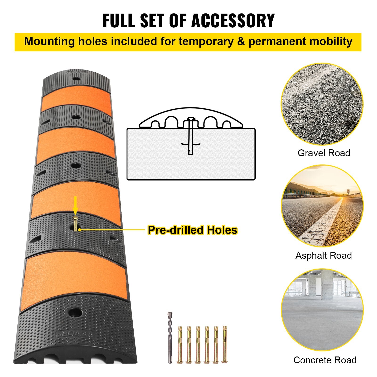 Automotive Decor: VEVOR Rubber Speed Bump, 1 Pack 2 Channel Speed Bump Hump, 72.8"" Long Modular Speed Bump Rated 22000 LBS Load Capacity, 72.8 x 12.2 x 2.2 Garage Speed Bump for Asphalt Concrete Gravel Driveway-6 FT