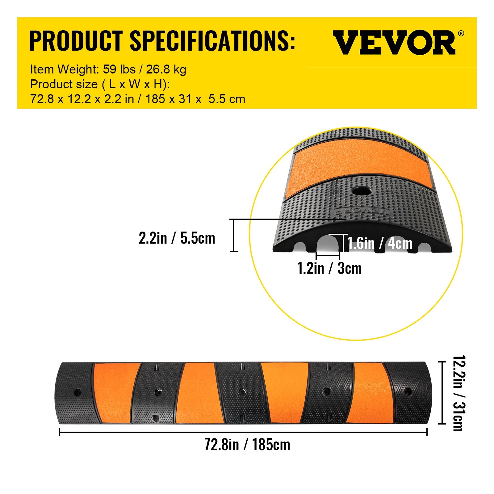Automotive Decor: VEVOR Rubber Speed Bump, 1 Pack 2 Channel Speed Bump Hump, 72.8"" Long Modular Speed Bump Rated 22000 LBS Load Capacity, 72.8 x 12.2 x 2.2 Garage Speed Bump for Asphalt Concrete Gravel Driveway-6 FT