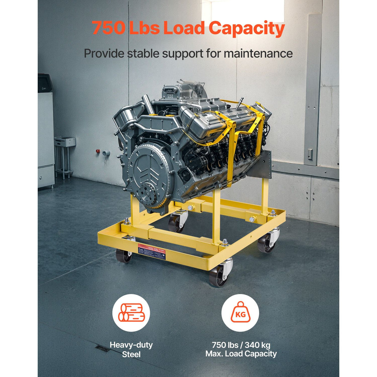 Engine Stand, 340 KG Load Capacity Engine Motor Stand with Adjustable Width & Length, Heavy-Duty Steel Motor Holder with 4 Swivel Casters and 2 Ratchet Straps, Suitable for Most Engines