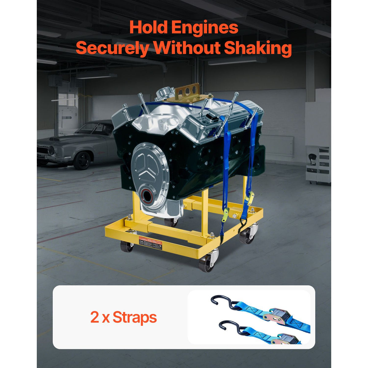 Engine Stand, 340 KG Load Capacity Engine Motor Stand with Adjustable Width & Length, Heavy-Duty Steel Motor Holder with 4 Swivel Casters and 2 Ratchet Straps, Suitable for Most Engines