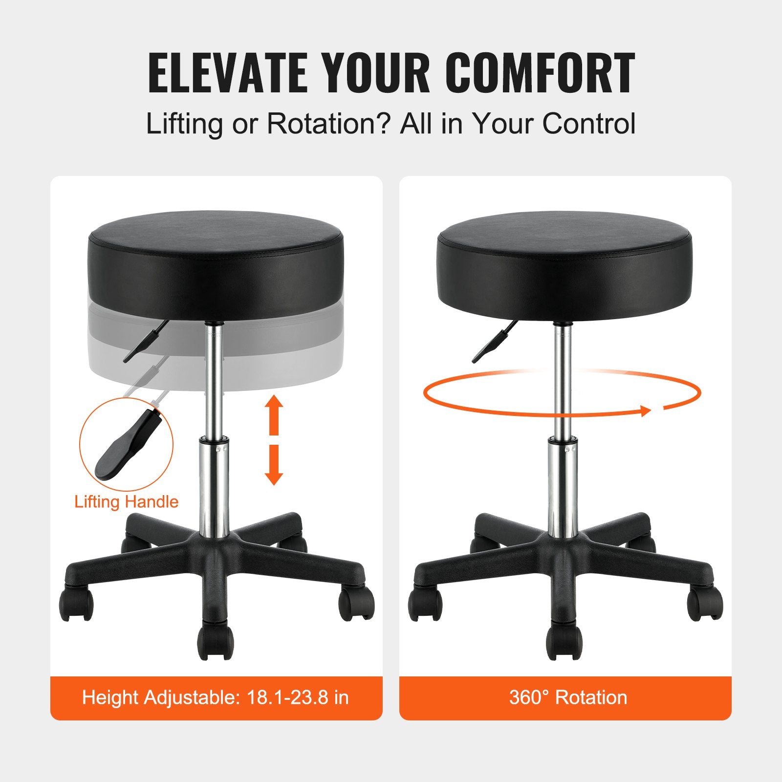 Mobility & Accessibility: VEVOR Rolling Stools with Wheels, 400 LBS Weight Capacity Adjustable Height Stool with Ultra-Thick Seat Cushion, Swivel Stools Chair for Salon, Bar, Home, Office, Tatoo, Medical, Massage, Black