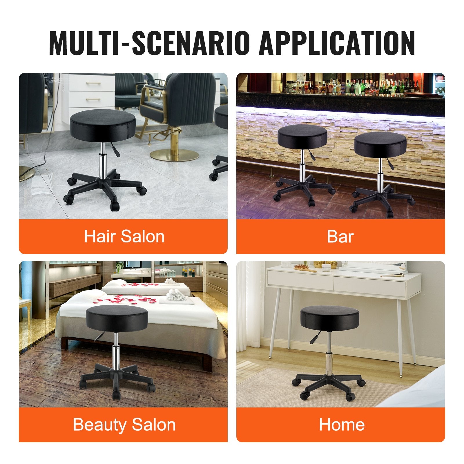 Mobility & Accessibility: VEVOR Rolling Stools with Wheels, 400 LBS Weight Capacity Adjustable Height Stool with Ultra-Thick Seat Cushion, Swivel Stools Chair for Salon, Bar, Home, Office, Tatoo, Medical, Massage, Black