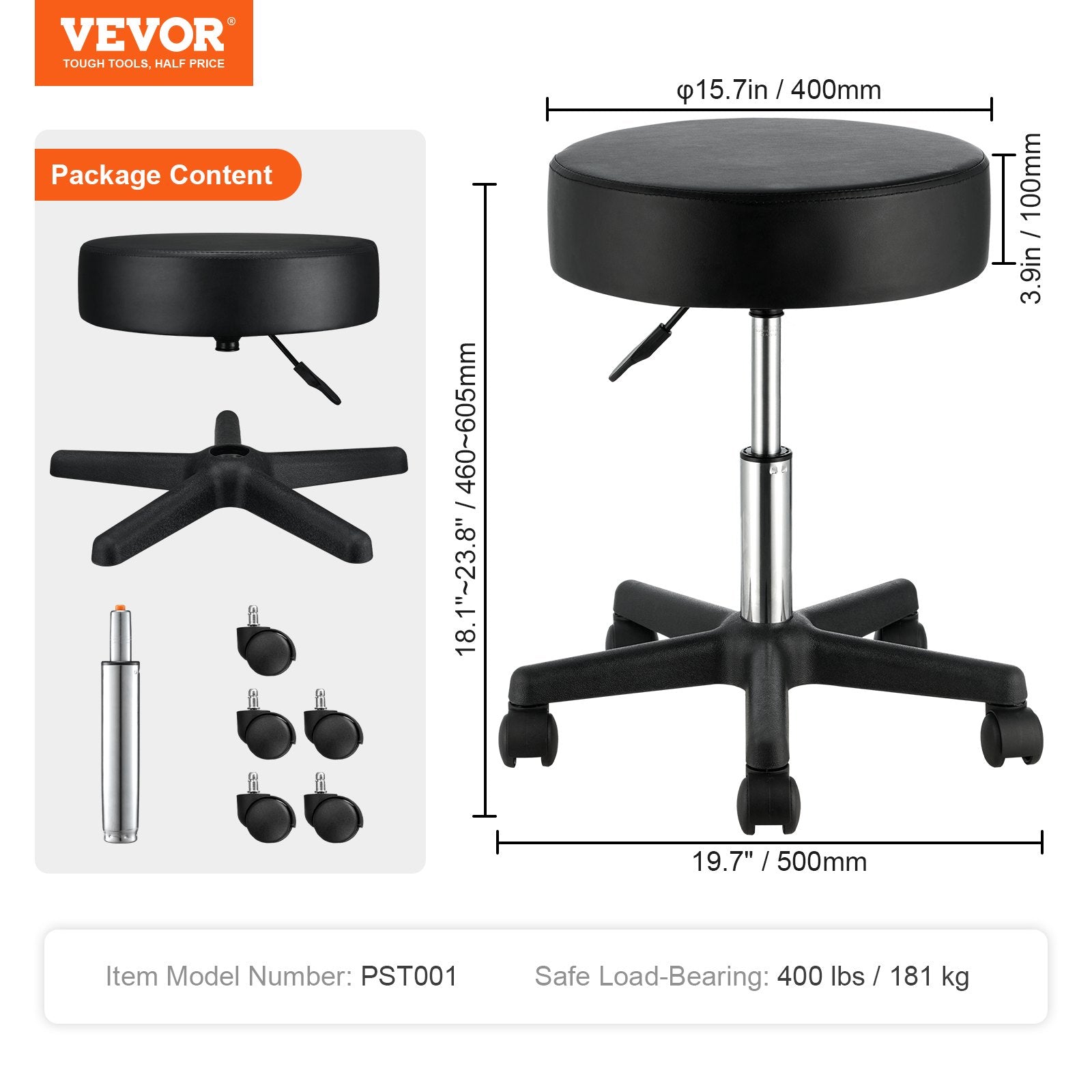 Mobility & Accessibility: VEVOR Rolling Stools with Wheels, 400 LBS Weight Capacity Adjustable Height Stool with Ultra-Thick Seat Cushion, Swivel Stools Chair for Salon, Bar, Home, Office, Tatoo, Medical, Massage, Black