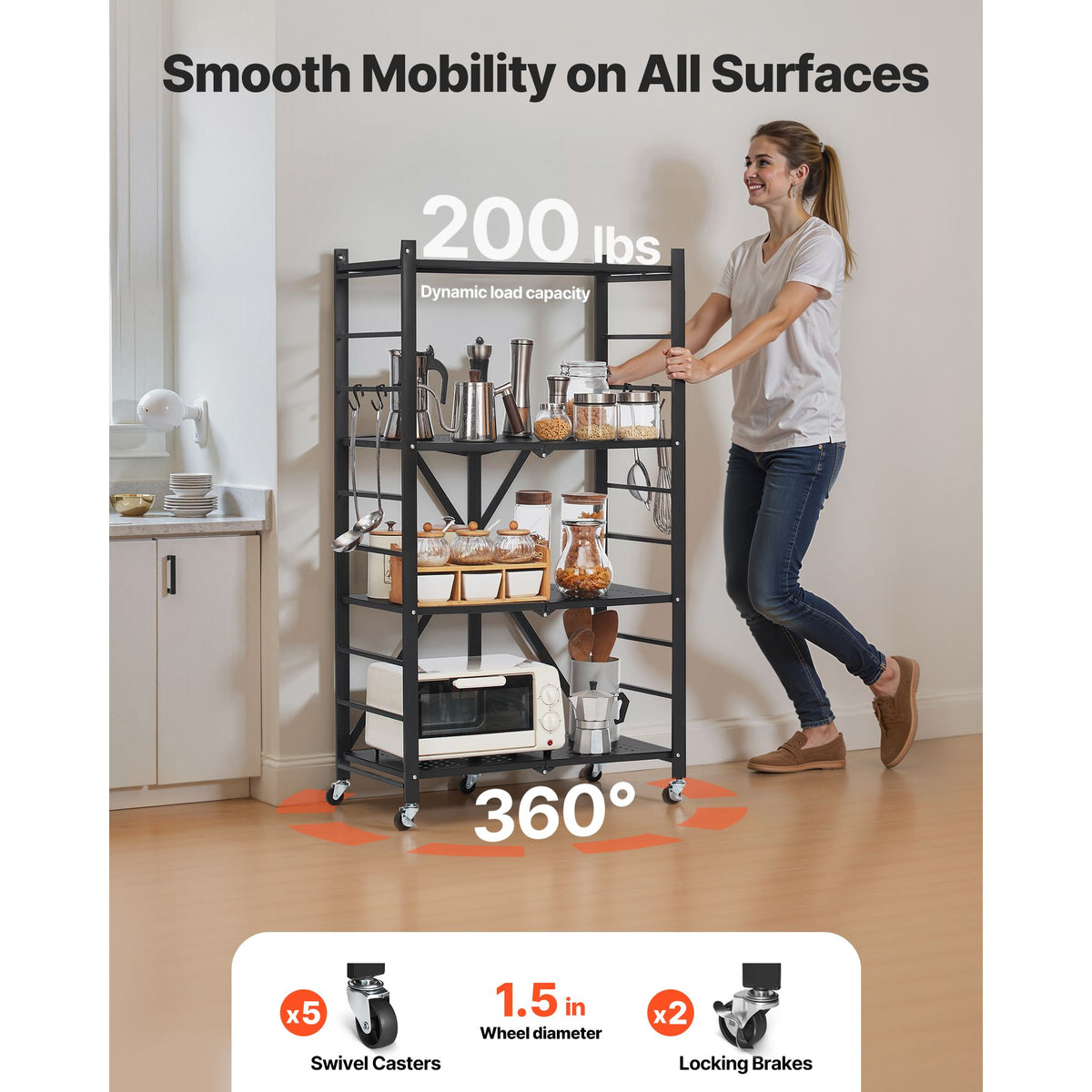 4-Tier Foldable Storage Shelf with Wheels, 66 cm W x 33 cm D x 117 cm H Folding Metal Rack Shelving Unit, No Assembly Organizer Shelf for Garage, Kitchen, Basement, Black