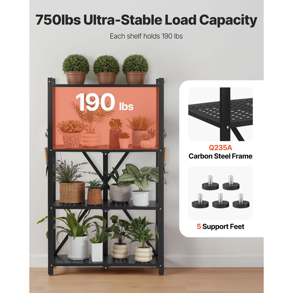 4-Tier Foldable Storage Shelf with Wheels, 66 cm W x 33 cm D x 117 cm H Folding Metal Rack Shelving Unit, No Assembly Organizer Shelf for Garage, Kitchen, Basement, Black