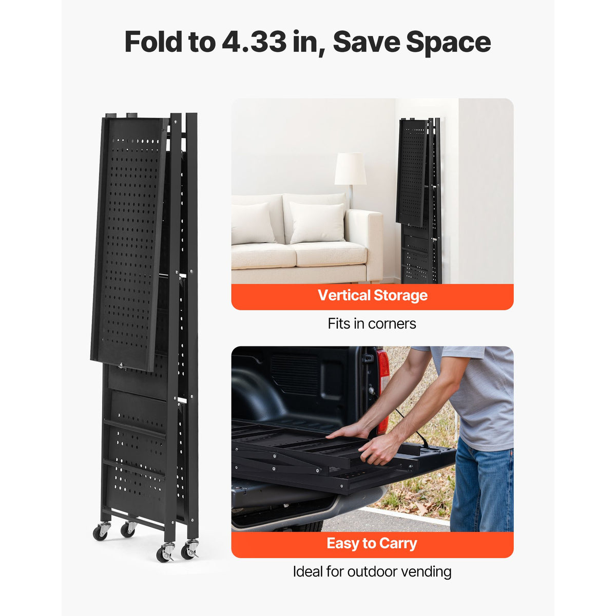 4-Tier Foldable Storage Shelf with Wheels, 66 cm W x 33 cm D x 117 cm H Folding Metal Rack Shelving Unit, No Assembly Organizer Shelf for Garage, Kitchen, Basement, Black