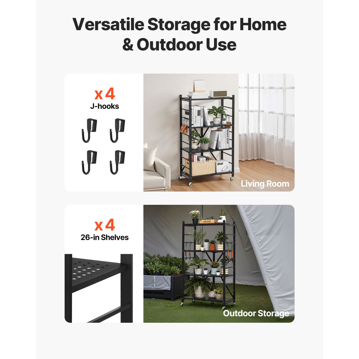 4-Tier Foldable Storage Shelf with Wheels, 66 cm W x 33 cm D x 117 cm H Folding Metal Rack Shelving Unit, No Assembly Organizer Shelf for Garage, Kitchen, Basement, Black
