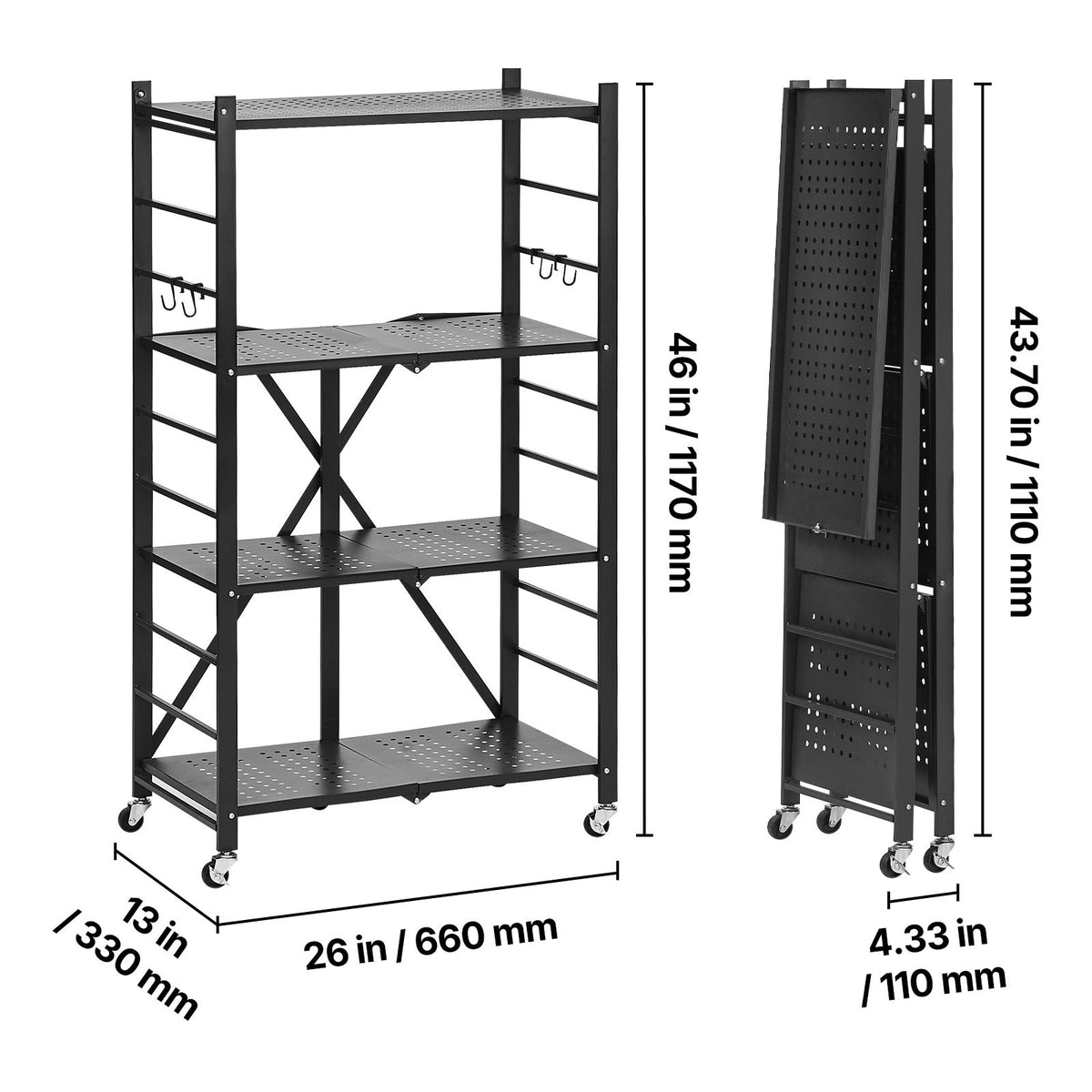 4-Tier Foldable Storage Shelf with Wheels, 66 cm W x 33 cm D x 117 cm H Folding Metal Rack Shelving Unit, No Assembly Organizer Shelf for Garage, Kitchen, Basement, Black