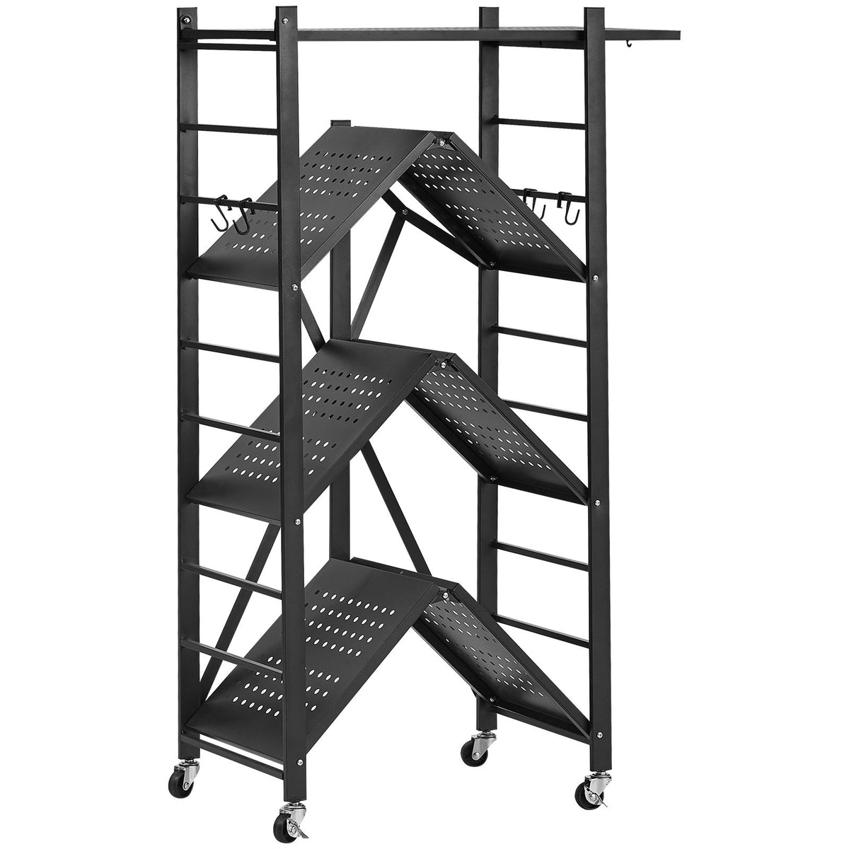 4-Tier Foldable Storage Shelf with Wheels, 66 cm W x 33 cm D x 117 cm H Folding Metal Rack Shelving Unit, No Assembly Organizer Shelf for Garage, Kitchen, Basement, Black