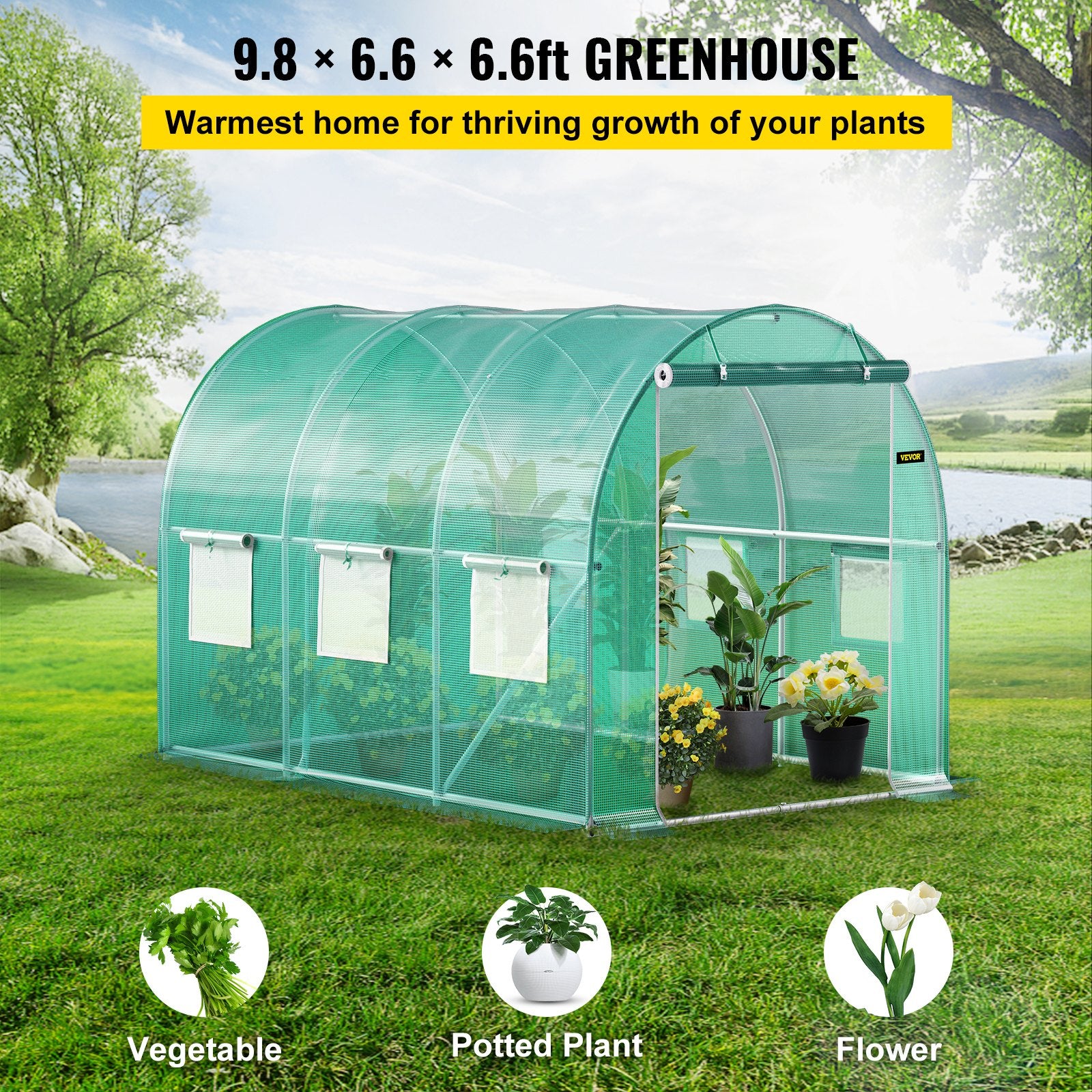 Walk-in Tunnel Greenhouse, 3 x 2 x 2 m, Portable Plant Hot House with Galvanised Steel Frame, 1 Top Bar, Diagonal Poles, Zipper Door and 6 Roll-Up Windows, Green