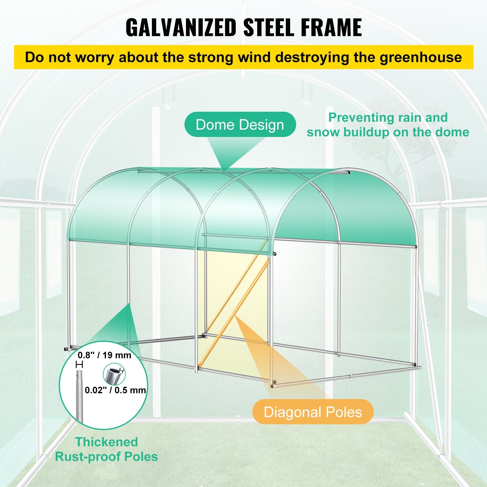 Walk-in Tunnel Greenhouse, 3 x 2 x 2 m, Portable Plant Hot House with Galvanised Steel Frame, 1 Top Bar, Diagonal Poles, Zipper Door and 6 Roll-Up Windows, Green